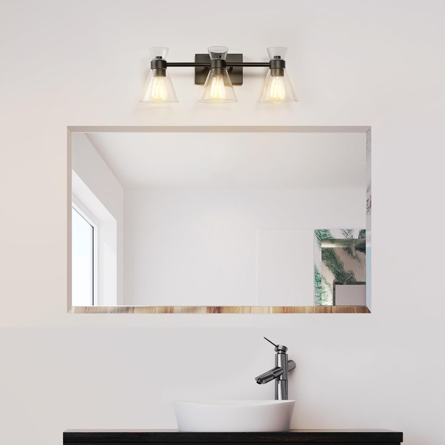 image:imageGlobe Electric 51411 3Light Vanity Light Oil Rubbed Bronze Clear Glass Shades Bathroom Lights Over Mirror Lights for Bathroom Powder Room Lighting Makeup Mirror Lights Home DcorMatte Black Clear Glass