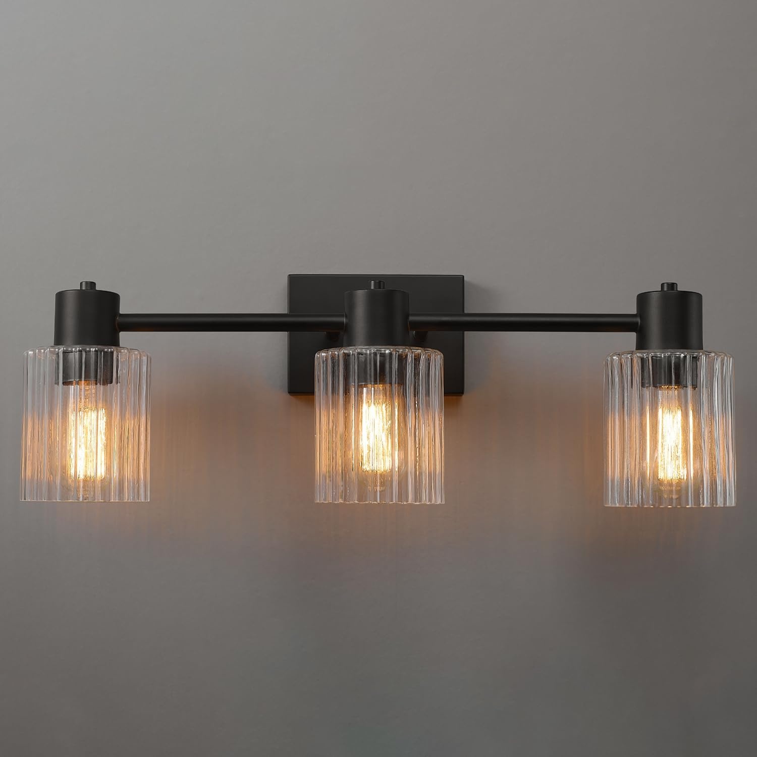image:imageGlobe Electric 51411 3Light Vanity Light Oil Rubbed Bronze Clear Glass Shades Bathroom Lights Over Mirror Lights for Bathroom Powder Room Lighting Makeup Mirror Lights Home DcorMatte Black Ribbed Glass