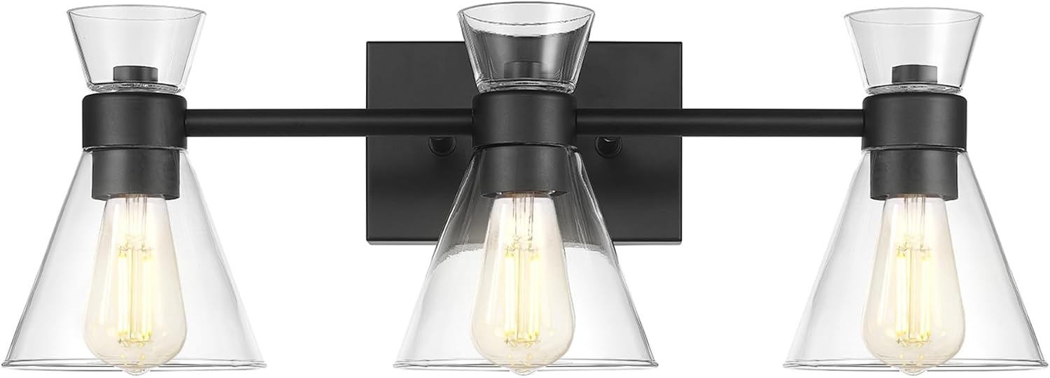 image:imageGlobe Electric 51411 3Light Vanity Light Oil Rubbed Bronze Clear Glass Shades Bathroom Lights Over Mirror Lights for Bathroom Powder Room Lighting Makeup Mirror Lights Home DcorMatte Black Clear Glass