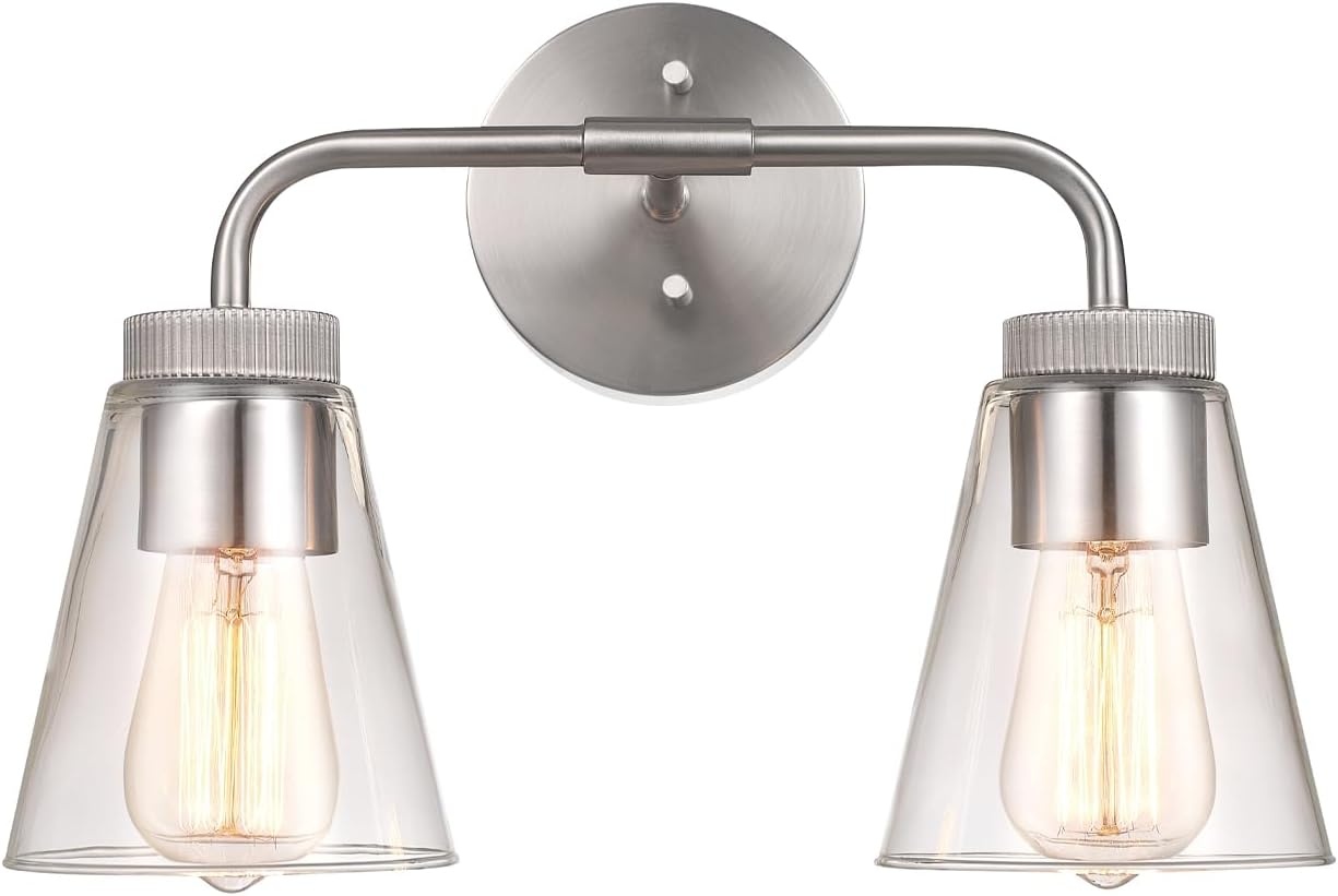 image:imageGlobe Electric 51411 3Light Vanity Light Oil Rubbed Bronze Clear Glass Shades Bathroom Lights Over Mirror Lights for Bathroom Powder Room Lighting Makeup Mirror Lights Home DcorBrushed Nickel