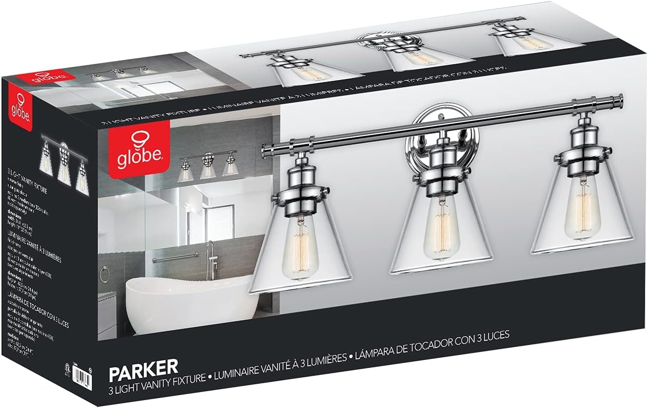 image:imageGlobe Electric 51411 3Light Vanity Light Oil Rubbed Bronze Clear Glass Shades Bathroom Lights Over Mirror Lights for Bathroom Powder Room Lighting Makeup Mirror Lights Home DcorChrome
