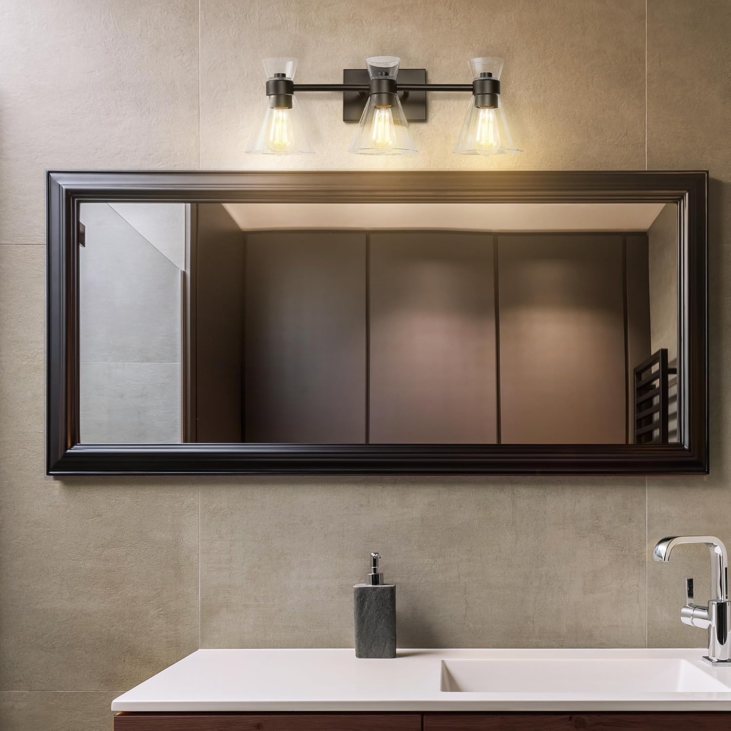 image:imageGlobe Electric 51411 3Light Vanity Light Oil Rubbed Bronze Clear Glass Shades Bathroom Lights Over Mirror Lights for Bathroom Powder Room Lighting Makeup Mirror Lights Home DcorMatte Black Clear Glass