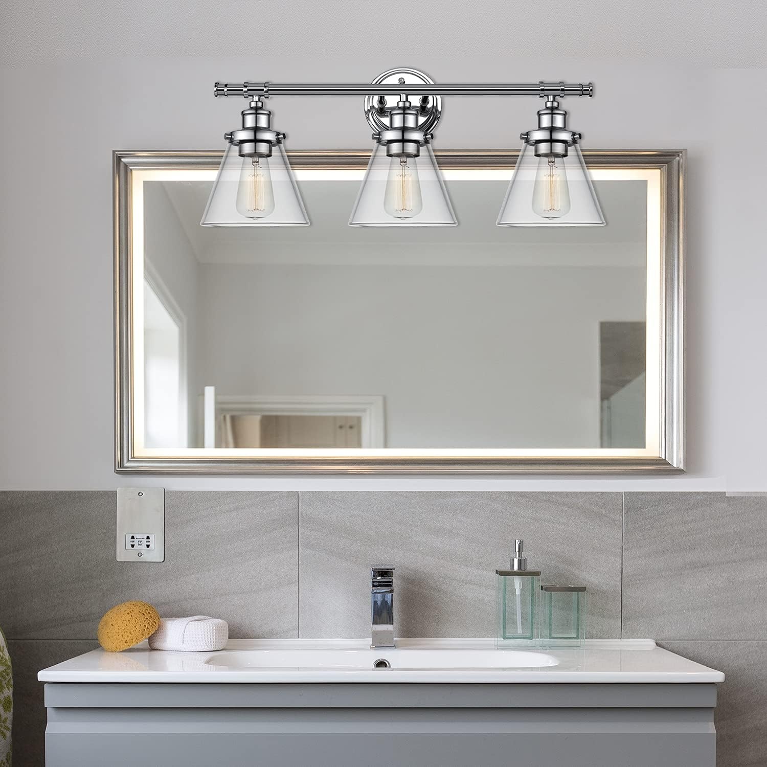 image:imageGlobe Electric 51411 3Light Vanity Light Oil Rubbed Bronze Clear Glass Shades Bathroom Lights Over Mirror Lights for Bathroom Powder Room Lighting Makeup Mirror Lights Home DcorChrome