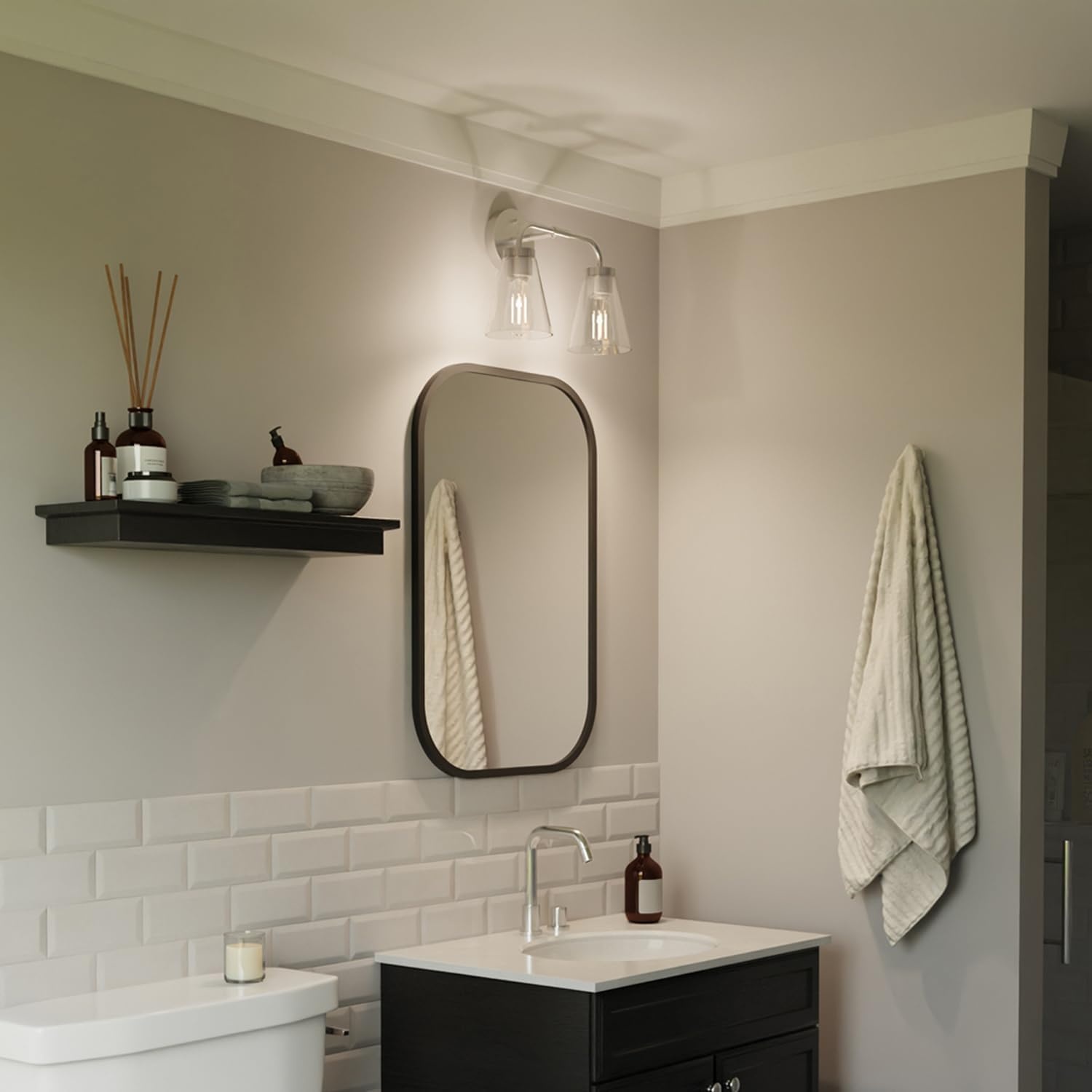 image:imageGlobe Electric 51411 3Light Vanity Light Oil Rubbed Bronze Clear Glass Shades Bathroom Lights Over Mirror Lights for Bathroom Powder Room Lighting Makeup Mirror Lights Home DcorBrushed Nickel