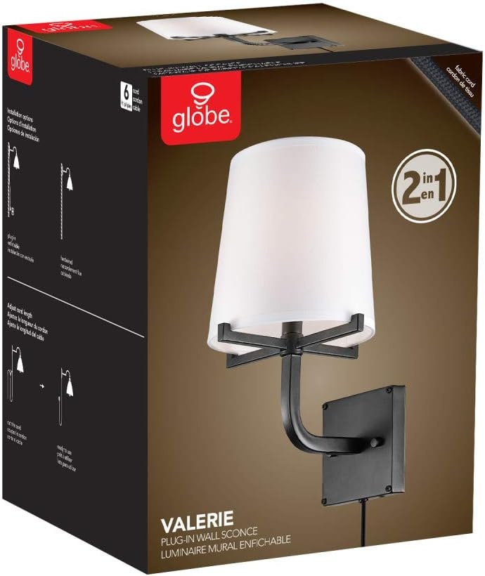 image:imageGlobe Electric 51515 Valerie 1Light Plugin or Hardwire Wall Sconce 6ft Black Fabric Covered Cord Inline OnOff Rocker Switch Dark Bronze with White Shade Bulb Not Included