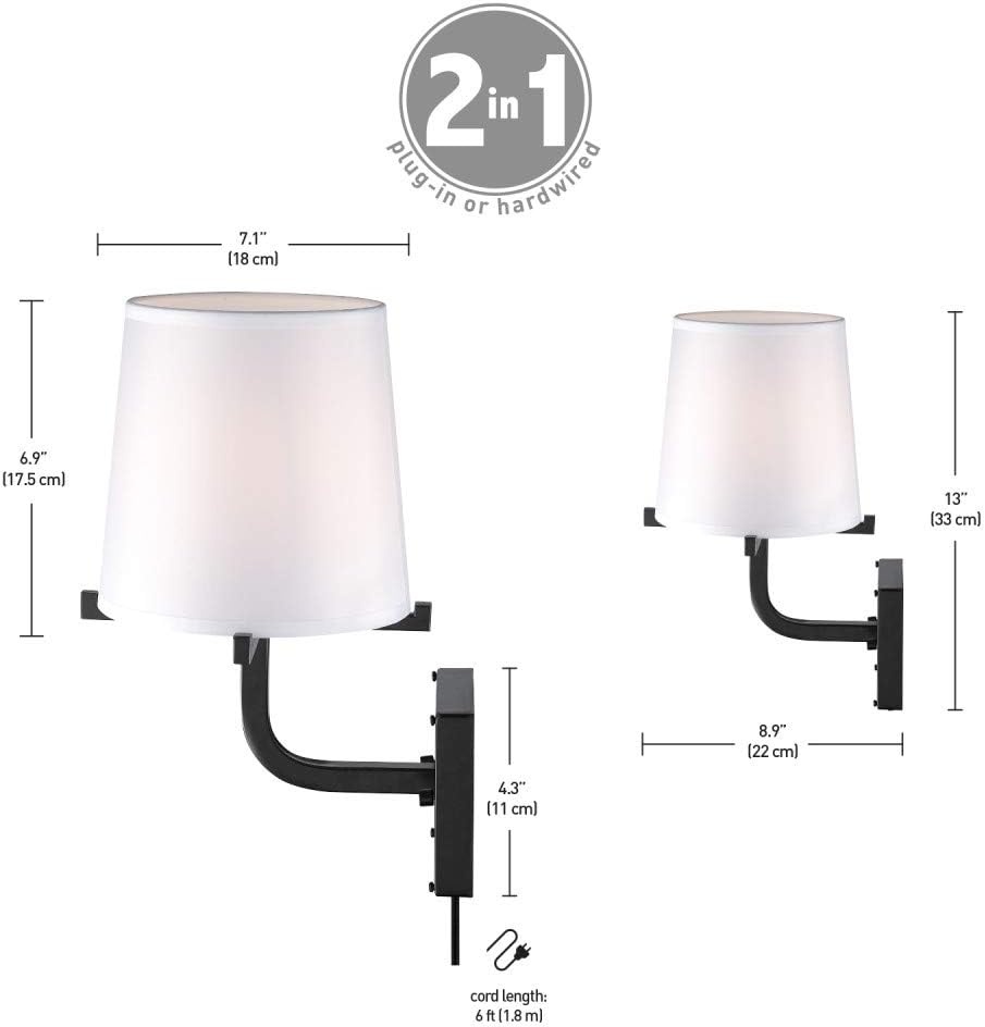 image:imageGlobe Electric 51515 Valerie 1Light Plugin or Hardwire Wall Sconce 6ft Black Fabric Covered Cord Inline OnOff Rocker Switch Dark Bronze with White Shade Bulb Not Included