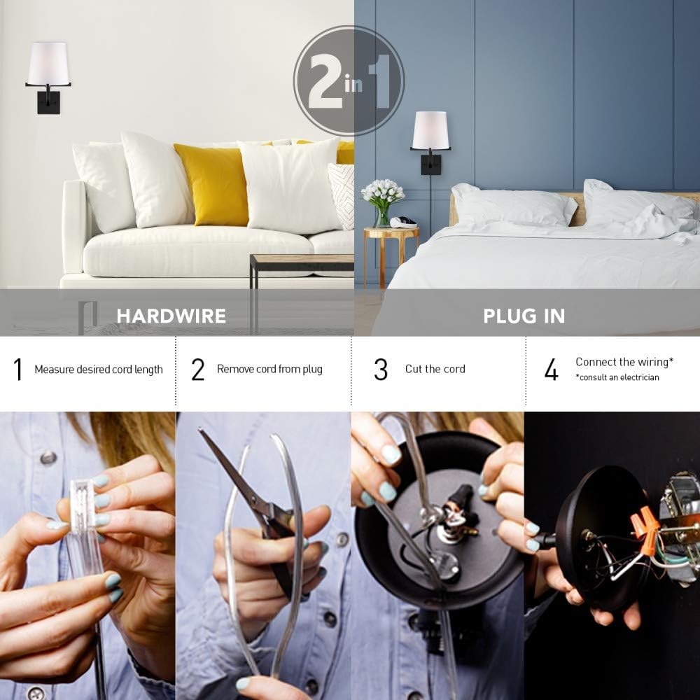 image:imageGlobe Electric 51515 Valerie 1Light Plugin or Hardwire Wall Sconce 6ft Black Fabric Covered Cord Inline OnOff Rocker Switch Dark Bronze with White Shade Bulb Not Included