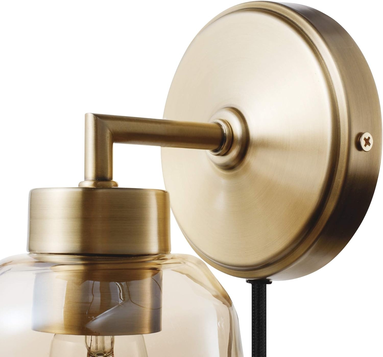 image:imageGlobe Electric 51715 1Light Plugin or Hardwire Wall Sconce Matte Brass Smoked Amber Glass Shade Black Fabric Cord inLine OnOff Switch Bedroom Living Room Mounted Bedside LampSalma Brass