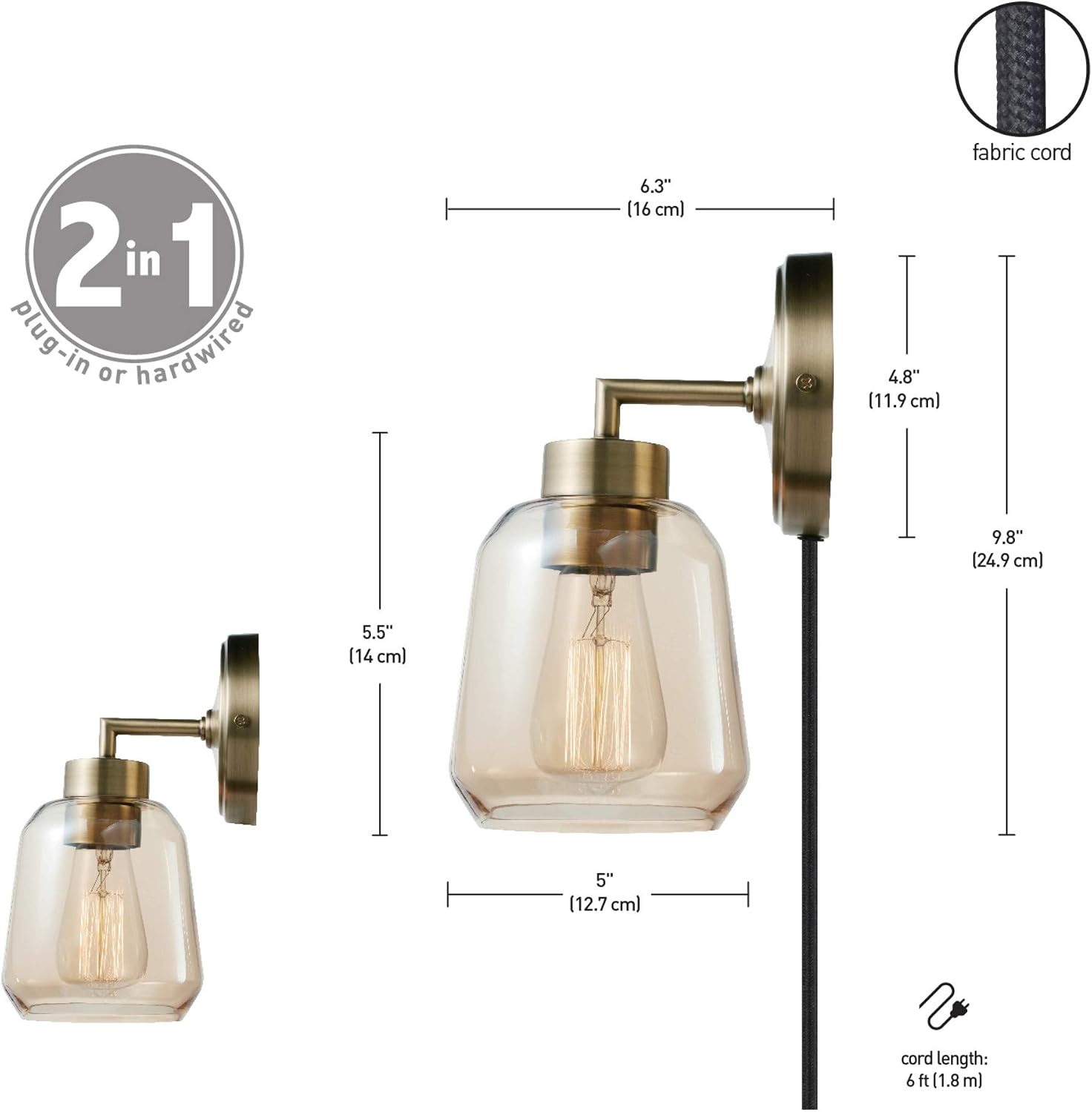 image:imageGlobe Electric 51715 1Light Plugin or Hardwire Wall Sconce Matte Brass Smoked Amber Glass Shade Black Fabric Cord inLine OnOff Switch Bedroom Living Room Mounted Bedside LampSalma Brass
