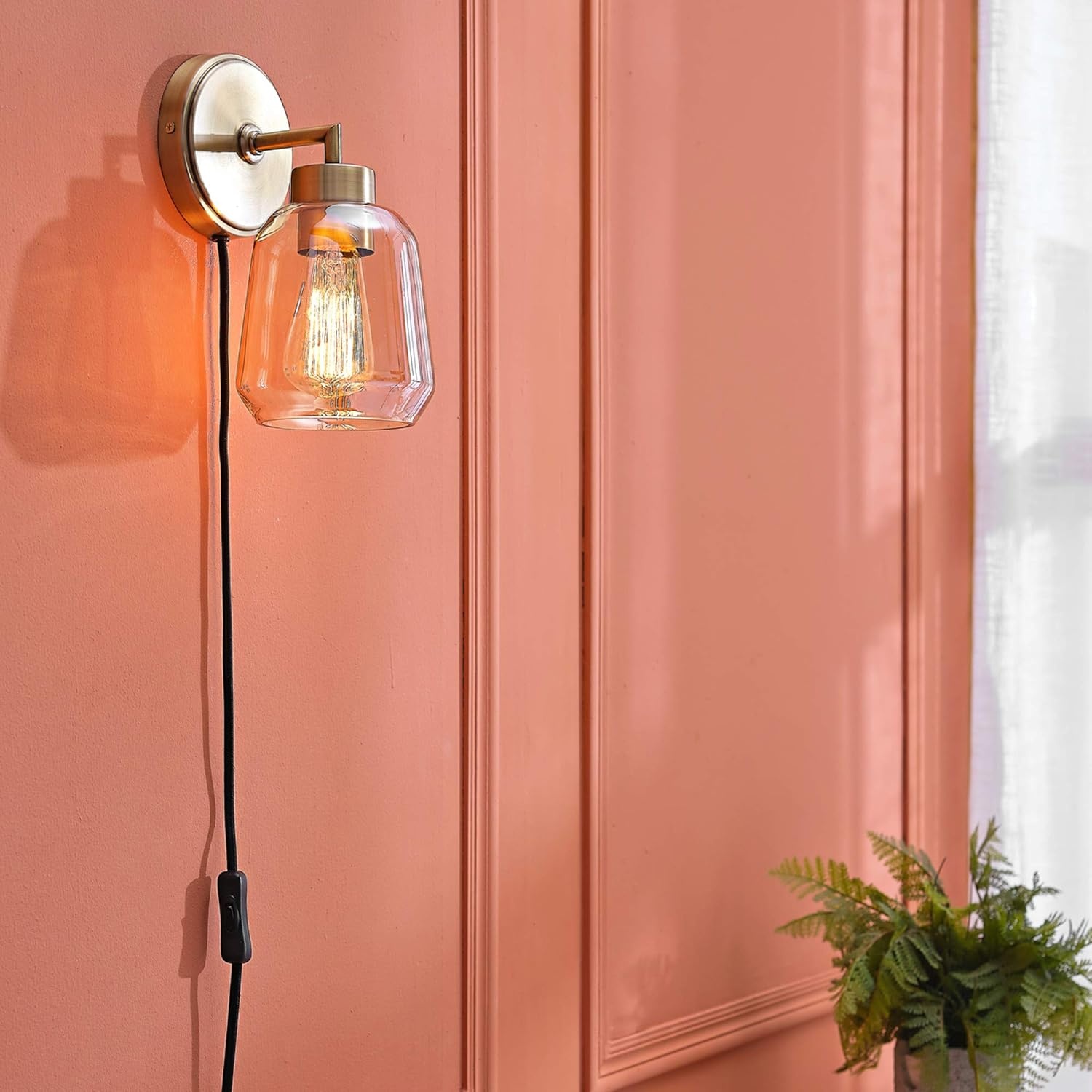 image:imageGlobe Electric 51715 1Light Plugin or Hardwire Wall Sconce Matte Brass Smoked Amber Glass Shade Black Fabric Cord inLine OnOff Switch Bedroom Living Room Mounted Bedside LampSalma Brass