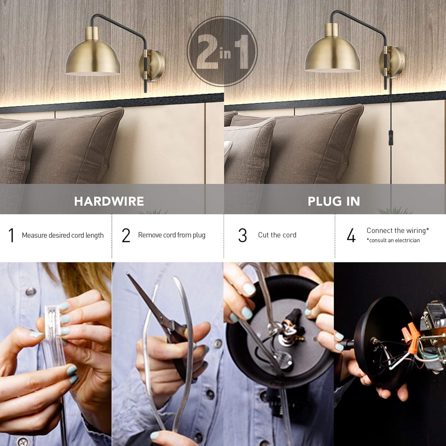 image:imageGlobe Electric 51719 1Light Plugin or Hardwire Wall Sconce Antique Brass Matte Black Accent Fabric Cord inLine OnOff Switch Kitchen Reading Light Home Essentials Bedroom Bedside LampBrass Dimitri