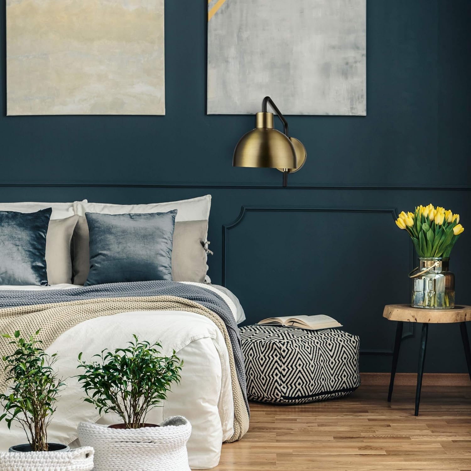 image:imageGlobe Electric 51719 1Light Plugin or Hardwire Wall Sconce Antique Brass Matte Black Accent Fabric Cord inLine OnOff Switch Kitchen Reading Light Home Essentials Bedroom Bedside LampBrass Dimitri