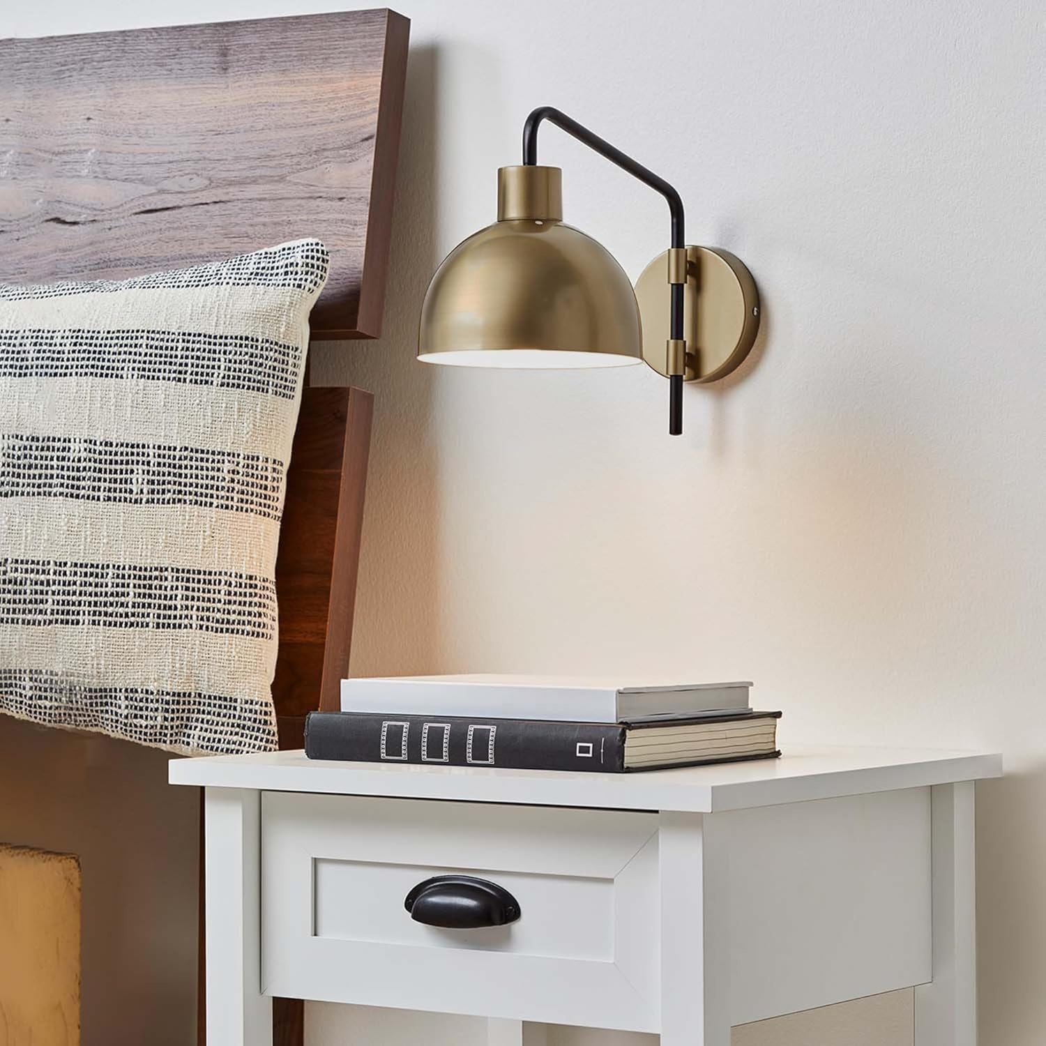 image:imageGlobe Electric 51719 1Light Plugin or Hardwire Wall Sconce Antique Brass Matte Black Accent Fabric Cord inLine OnOff Switch Kitchen Reading Light Home Essentials Bedroom Bedside LampBrass Dimitri
