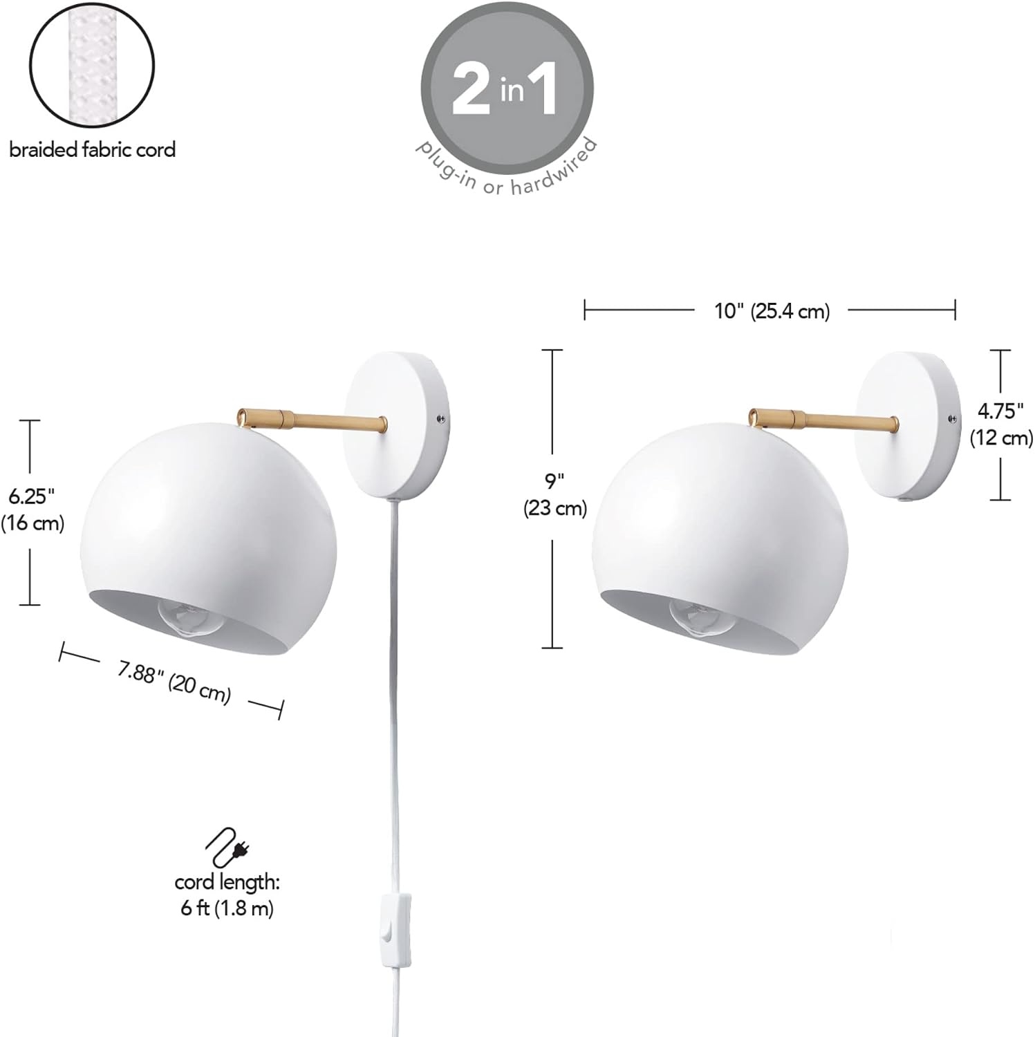 image:imageGlobe Electric 51719 1Light Plugin or Hardwire Wall Sconce Antique Brass Matte Black Accent Fabric Cord inLine OnOff Switch Kitchen Reading Light Home Essentials Bedroom Bedside LampWhite Molly