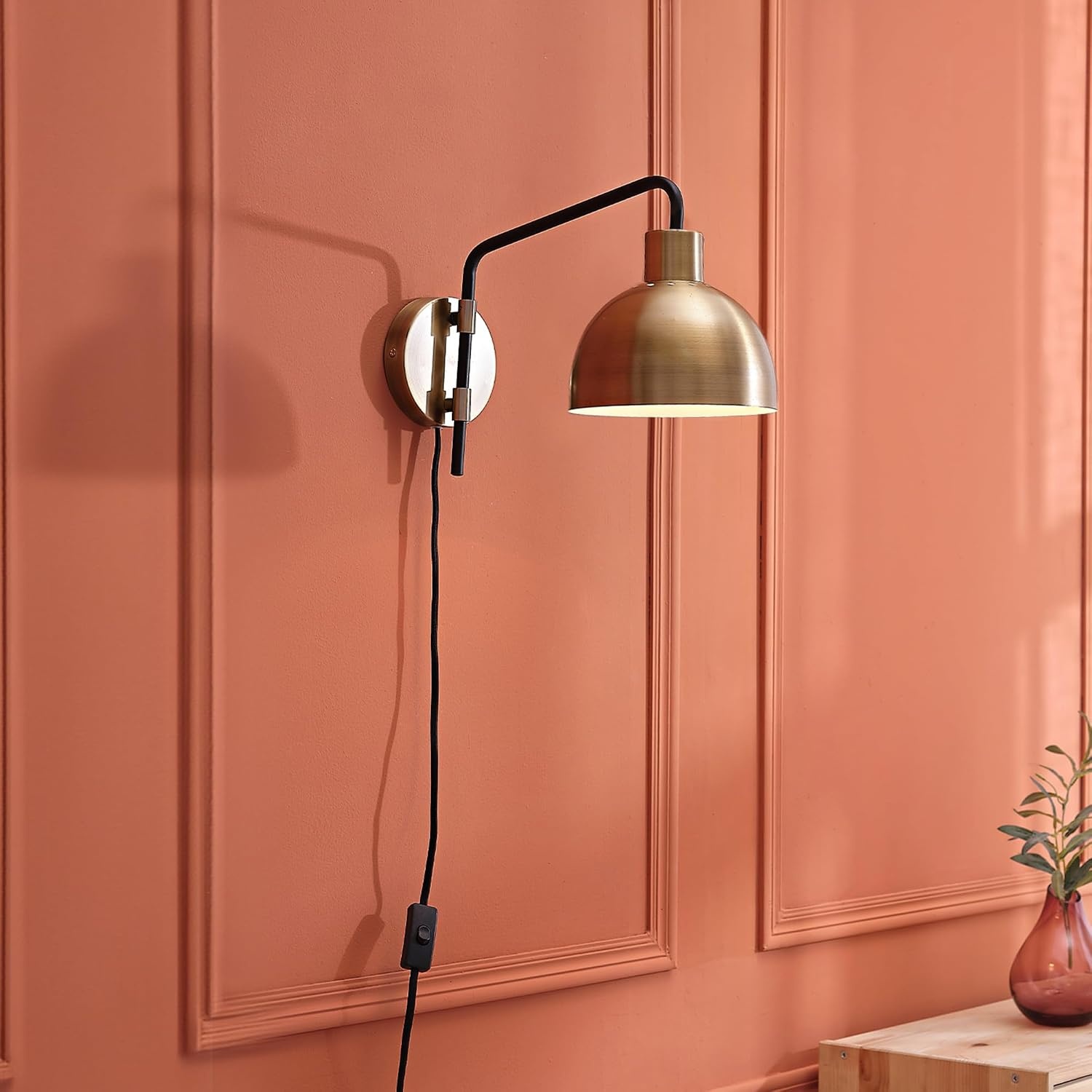 image:imageGlobe Electric 51719 1Light Plugin or Hardwire Wall Sconce Antique Brass Matte Black Accent Fabric Cord inLine OnOff Switch Kitchen Reading Light Home Essentials Bedroom Bedside LampBrass Dimitri