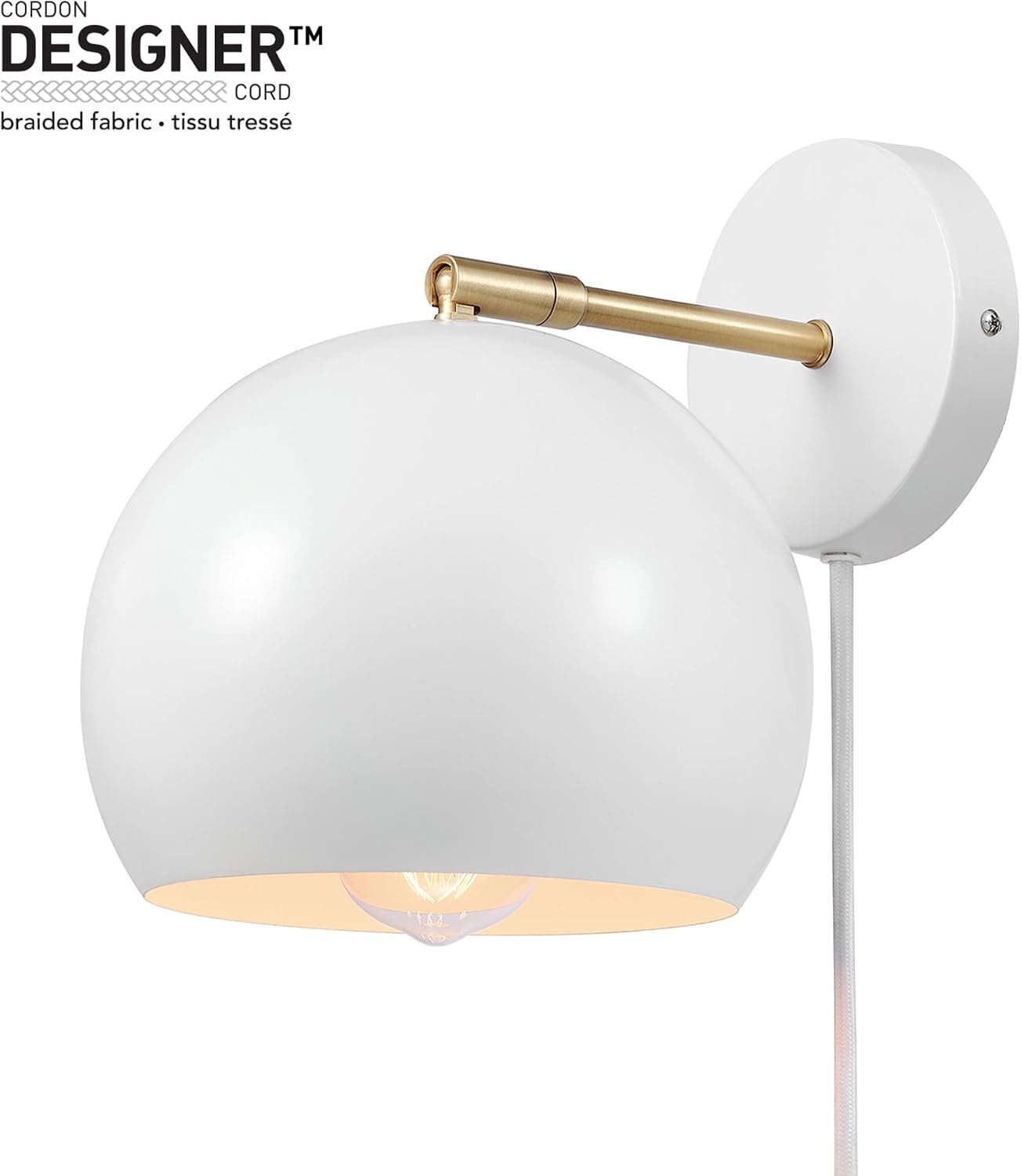 image:imageGlobe Electric 51719 1Light Plugin or Hardwire Wall Sconce Antique Brass Matte Black Accent Fabric Cord inLine OnOff Switch Kitchen Reading Light Home Essentials Bedroom Bedside LampWhite Molly