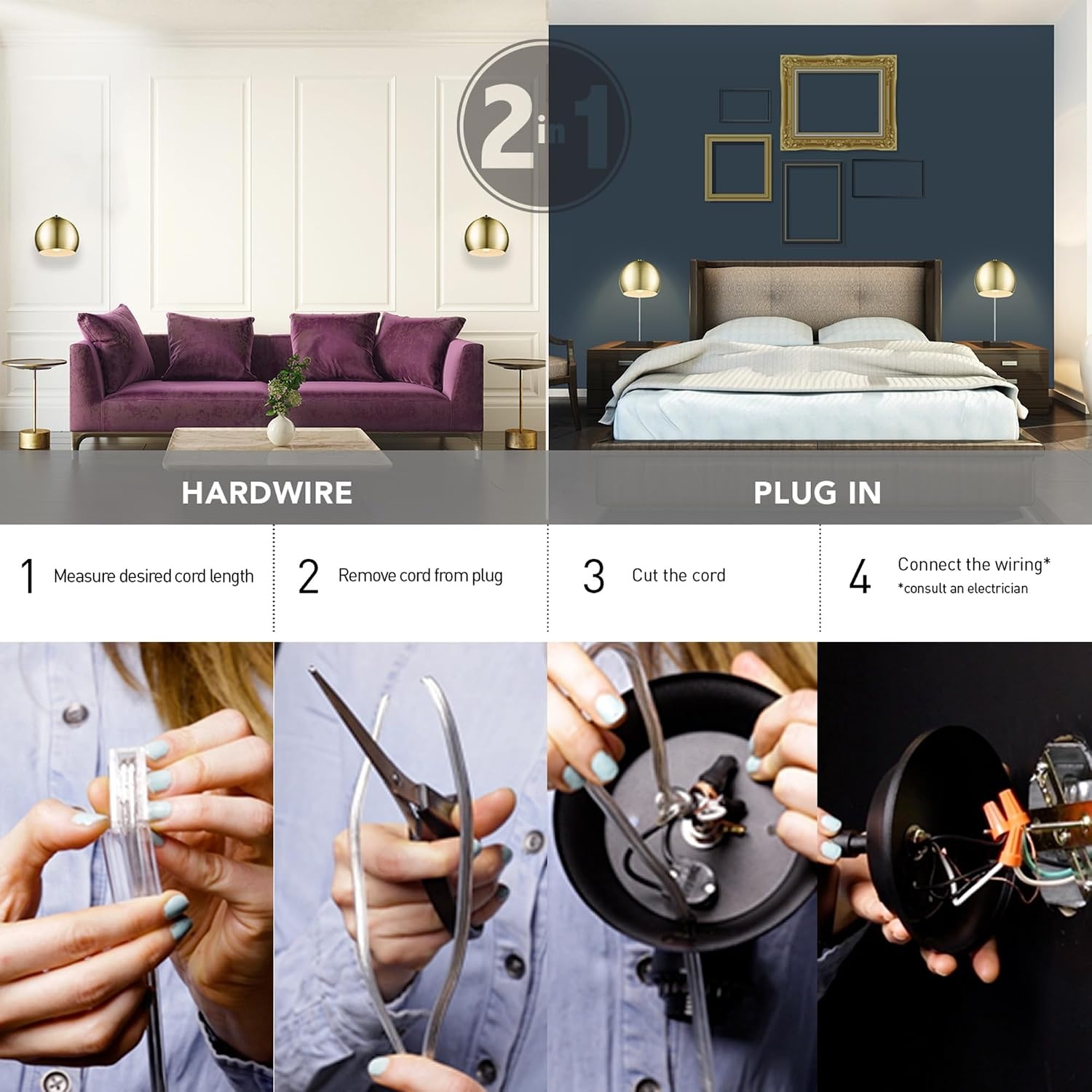 image:imageGlobe Electric 51719 1Light Plugin or Hardwire Wall Sconce Antique Brass Matte Black Accent Fabric Cord inLine OnOff Switch Kitchen Reading Light Home Essentials Bedroom Bedside LampBrass Willow