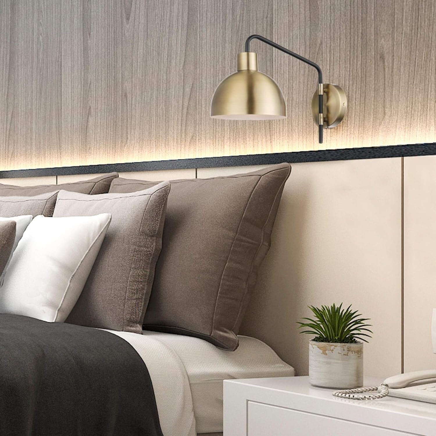 image:imageGlobe Electric 51719 1Light Plugin or Hardwire Wall Sconce Antique Brass Matte Black Accent Fabric Cord inLine OnOff Switch Kitchen Reading Light Home Essentials Bedroom Bedside LampBrass Dimitri