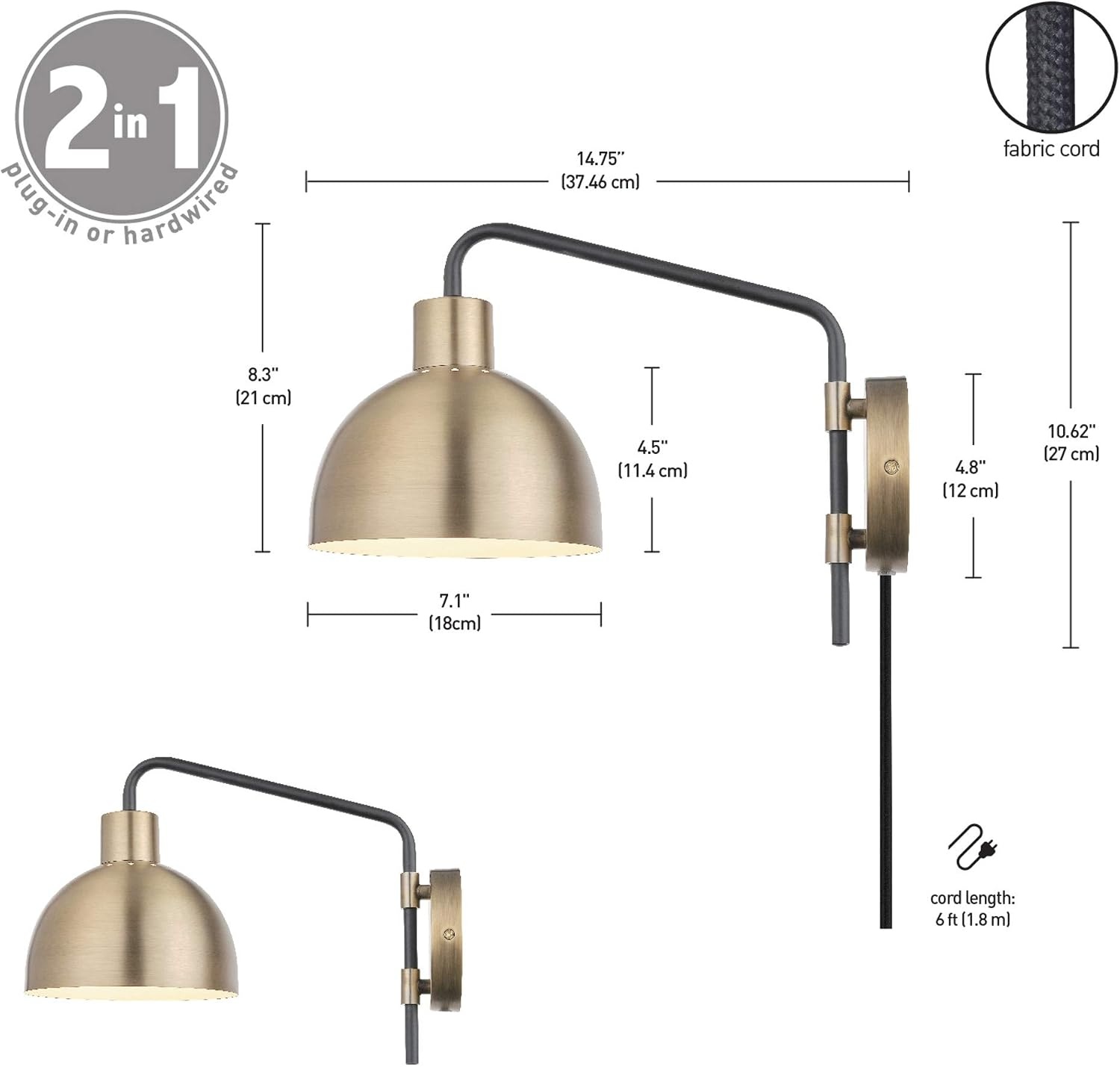 image:imageGlobe Electric 51719 1Light Plugin or Hardwire Wall Sconce Antique Brass Matte Black Accent Fabric Cord inLine OnOff Switch Kitchen Reading Light Home Essentials Bedroom Bedside LampBrass Dimitri