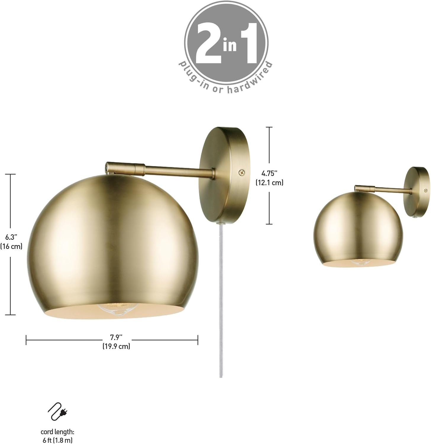 image:imageGlobe Electric 51719 1Light Plugin or Hardwire Wall Sconce Antique Brass Matte Black Accent Fabric Cord inLine OnOff Switch Kitchen Reading Light Home Essentials Bedroom Bedside LampBrass Willow