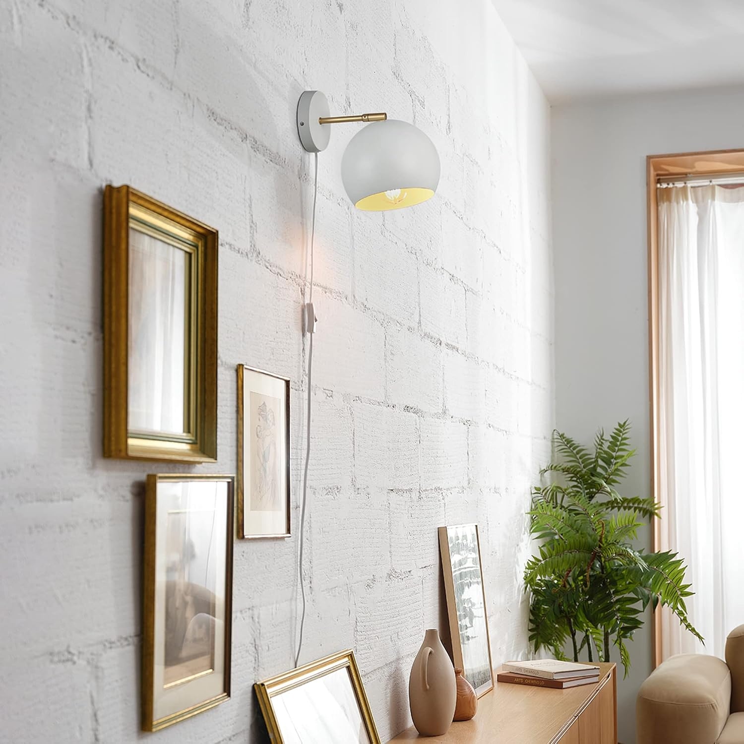 image:imageGlobe Electric 51719 1Light Plugin or Hardwire Wall Sconce Antique Brass Matte Black Accent Fabric Cord inLine OnOff Switch Kitchen Reading Light Home Essentials Bedroom Bedside LampWhite Molly
