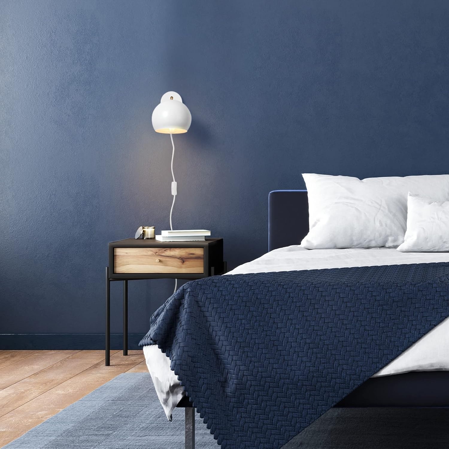 image:imageGlobe Electric 51719 1Light Plugin or Hardwire Wall Sconce Antique Brass Matte Black Accent Fabric Cord inLine OnOff Switch Kitchen Reading Light Home Essentials Bedroom Bedside LampWhite Molly