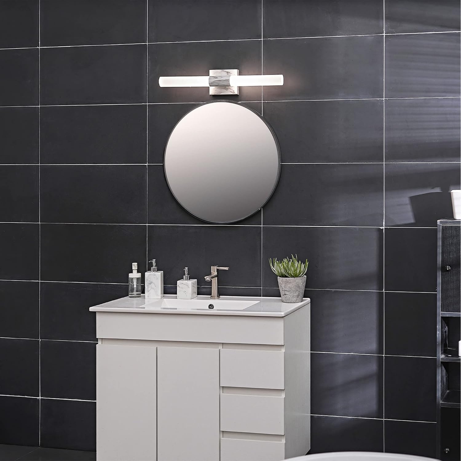 image:imageGlobe Electric 51847 Edinburgh 2Light LED Integrated Dimmable Wall Sconce Vanity Light White Faux Marble Frosted Acrylic Shades 19W 1200 LumensFaux Marble Edinburgh