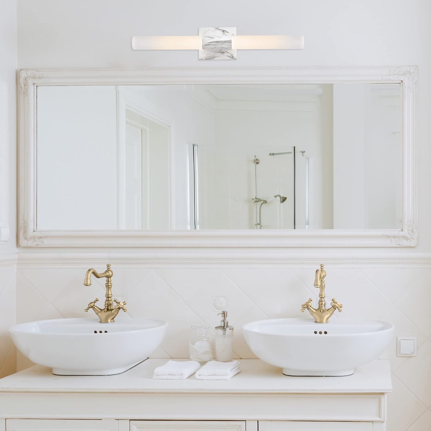 image:imageGlobe Electric 51847 Edinburgh 2Light LED Integrated Dimmable Wall Sconce Vanity Light White Faux Marble Frosted Acrylic Shades 19W 1200 LumensFaux Marble Edinburgh