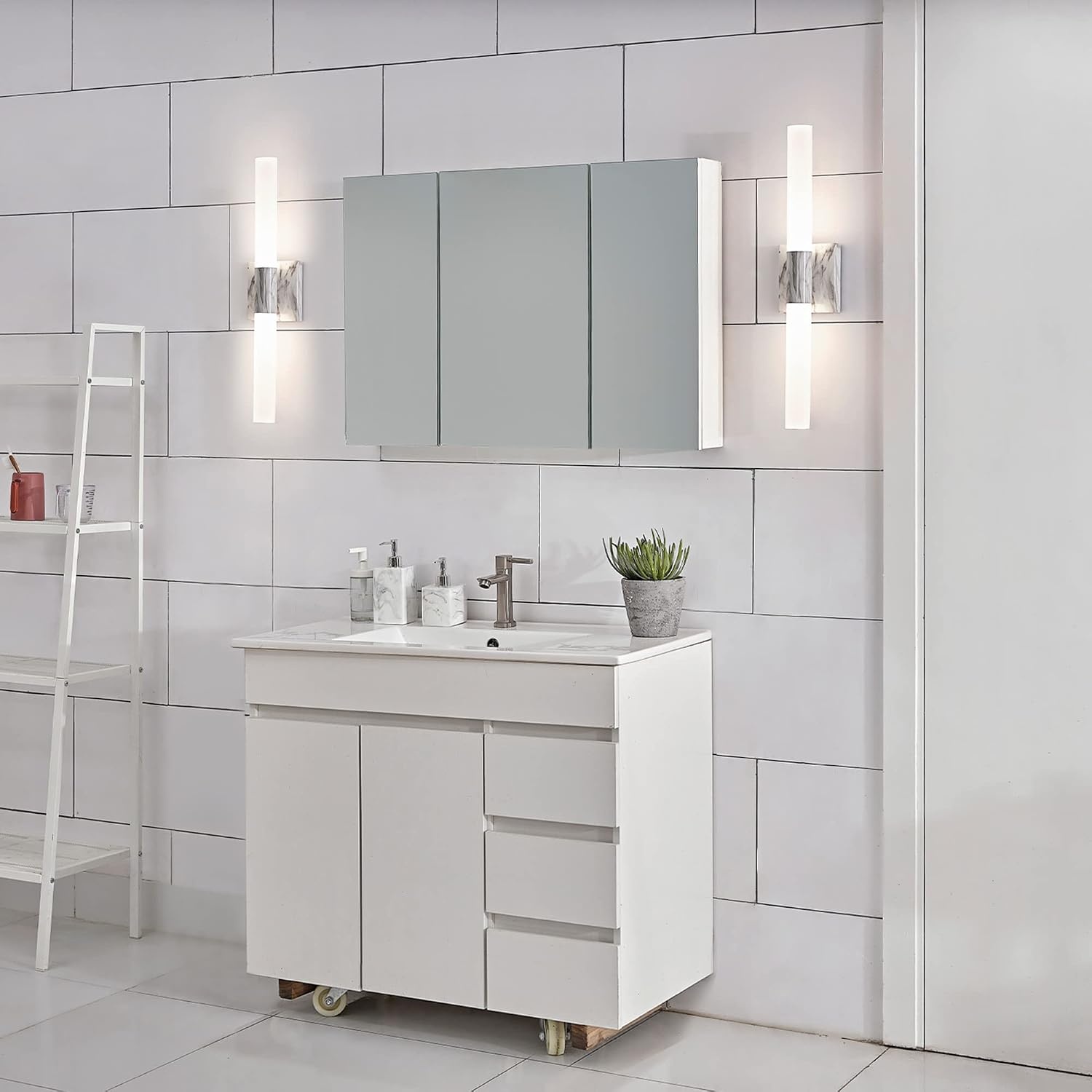 image:imageGlobe Electric 51847 Edinburgh 2Light LED Integrated Dimmable Wall Sconce Vanity Light White Faux Marble Frosted Acrylic Shades 19W 1200 LumensFaux Marble Edinburgh