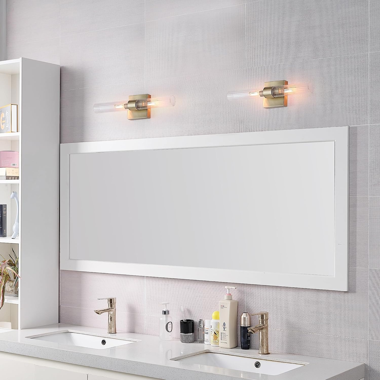image:imageGlobe Electric 51847 Edinburgh 2Light LED Integrated Dimmable Wall Sconce Vanity Light White Faux Marble Frosted Acrylic Shades 19W 1200 LumensGold
