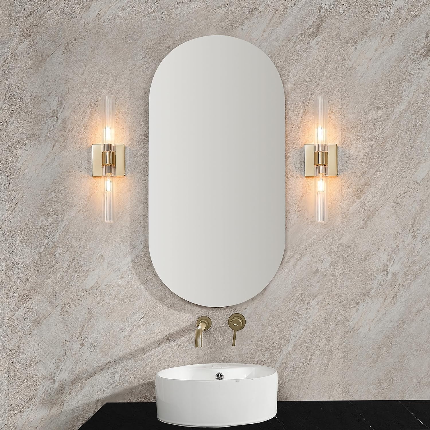 image:imageGlobe Electric 51847 Edinburgh 2Light LED Integrated Dimmable Wall Sconce Vanity Light White Faux Marble Frosted Acrylic Shades 19W 1200 LumensGold