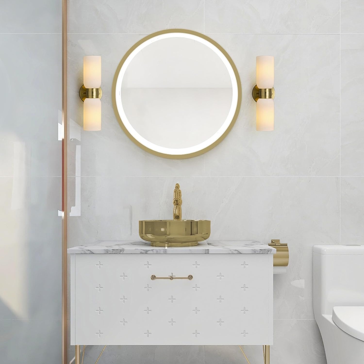 image:imageGlobe Electric 51847 Edinburgh 2Light LED Integrated Dimmable Wall Sconce Vanity Light White Faux Marble Frosted Acrylic Shades 19W 1200 LumensMatte Brass Kate