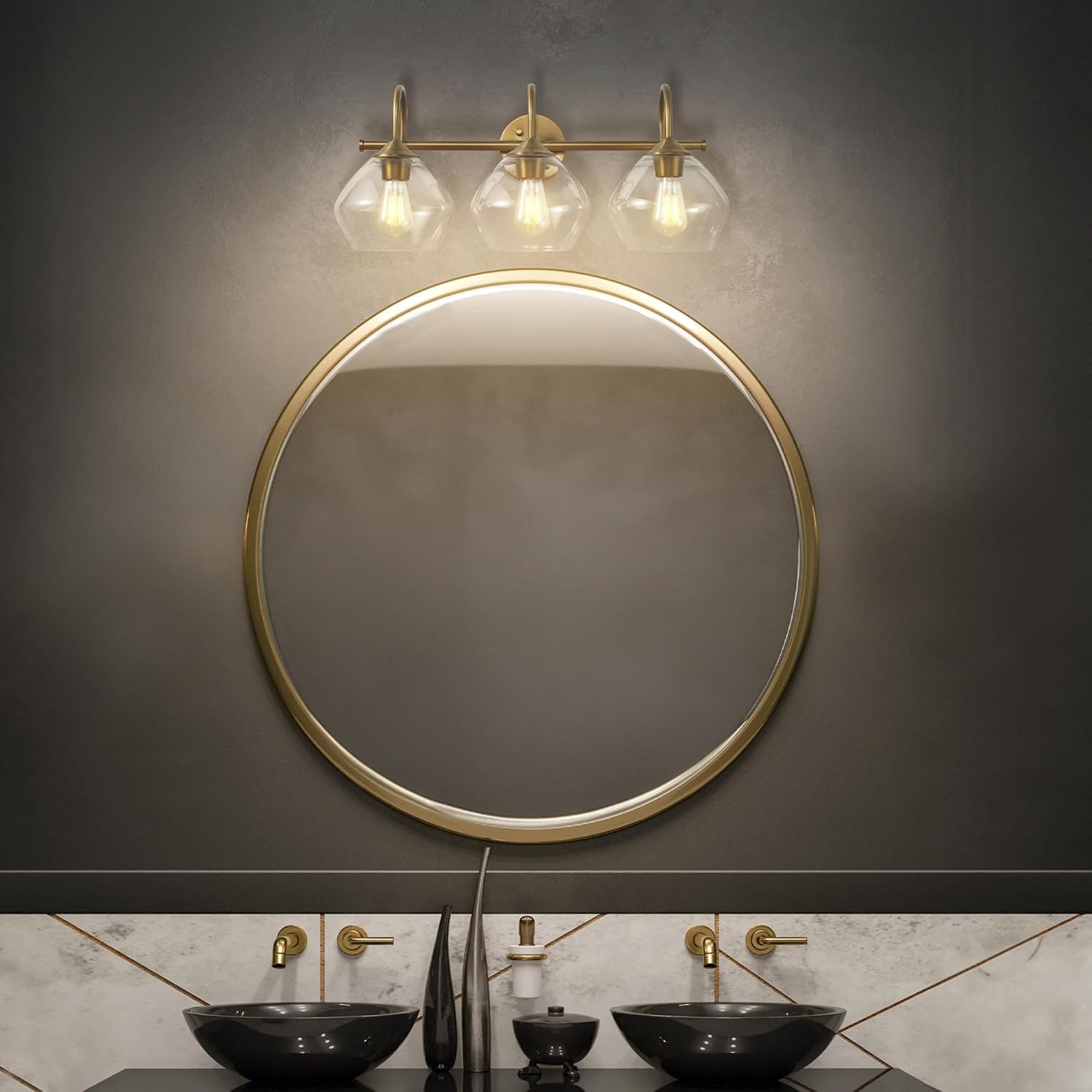 image:imageGlobe Electric 51853 3Light Vanity Light Dark Bronze Antique Brass Accents Clear Glass Shade Beauty Room Accessories Bathroom Lights Over Mirror Makeup Mirror Lights Bulb Not IncludedGold Harrow
