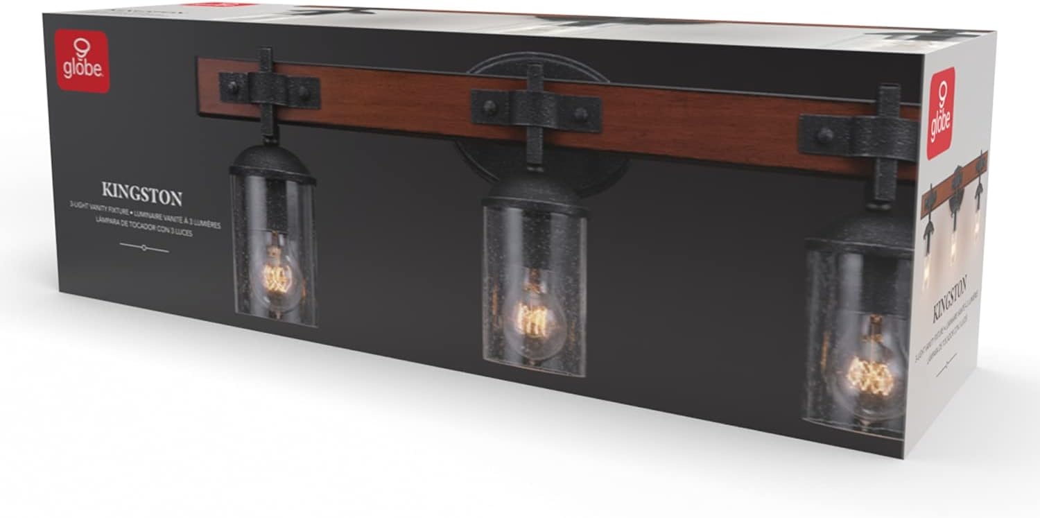 image:imageGlobe Electric 51853 3Light Vanity Light Dark Bronze Antique Brass Accents Clear Glass Shade Beauty Room Accessories Bathroom Lights Over Mirror Makeup Mirror Lights Bulb Not IncludedGalvanized
