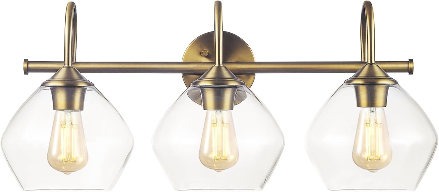 image:imageGlobe Electric 51853 3Light Vanity Light Dark Bronze Antique Brass Accents Clear Glass Shade Beauty Room Accessories Bathroom Lights Over Mirror Makeup Mirror Lights Bulb Not IncludedGold Harrow