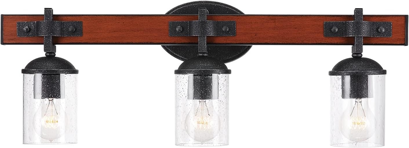 image:imageGlobe Electric 51853 3Light Vanity Light Dark Bronze Antique Brass Accents Clear Glass Shade Beauty Room Accessories Bathroom Lights Over Mirror Makeup Mirror Lights Bulb Not IncludedGalvanized