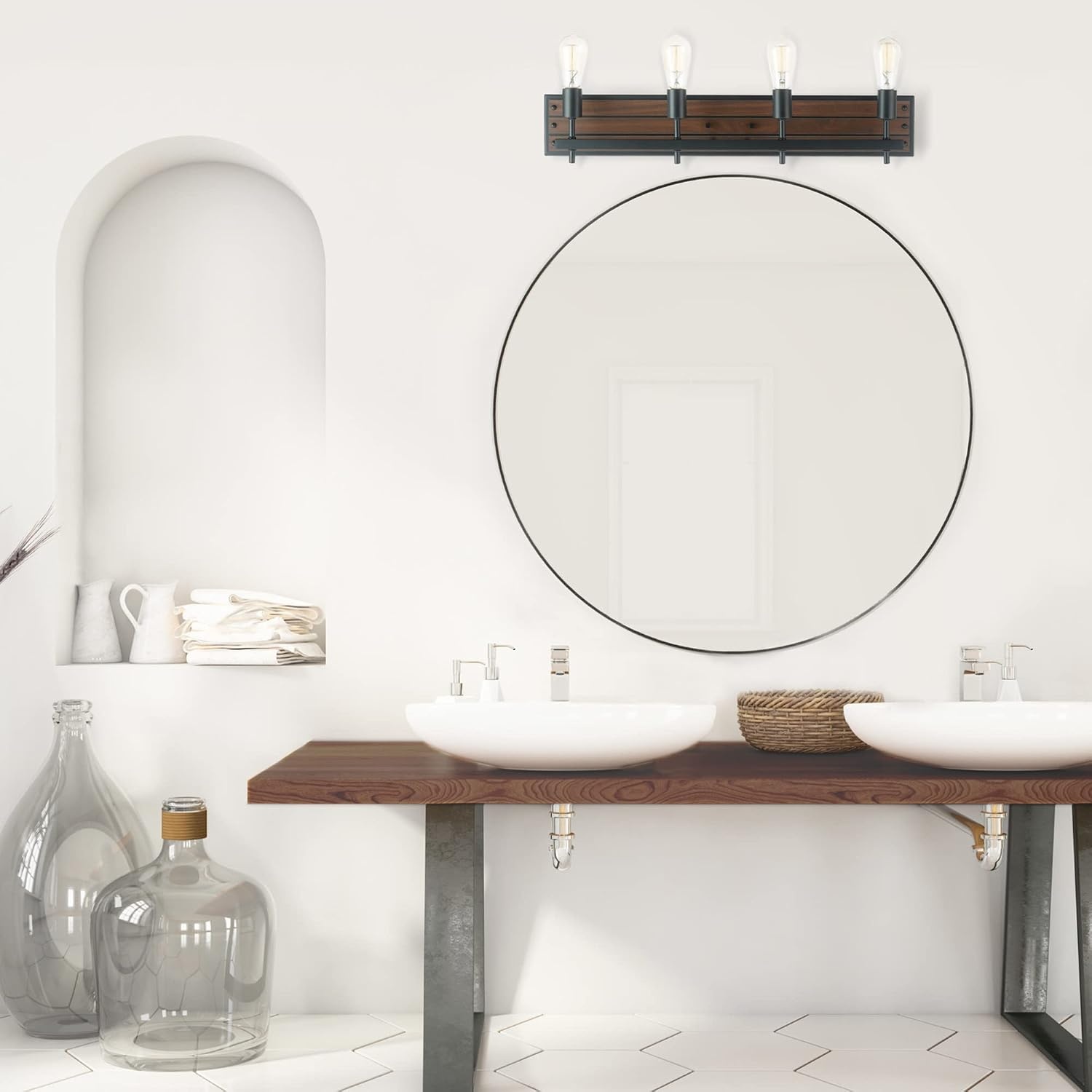 image:imageGlobe Electric 51853 3Light Vanity Light Dark Bronze Antique Brass Accents Clear Glass Shade Beauty Room Accessories Bathroom Lights Over Mirror Makeup Mirror Lights Bulb Not IncludedFaux Wood Finish Black Accents