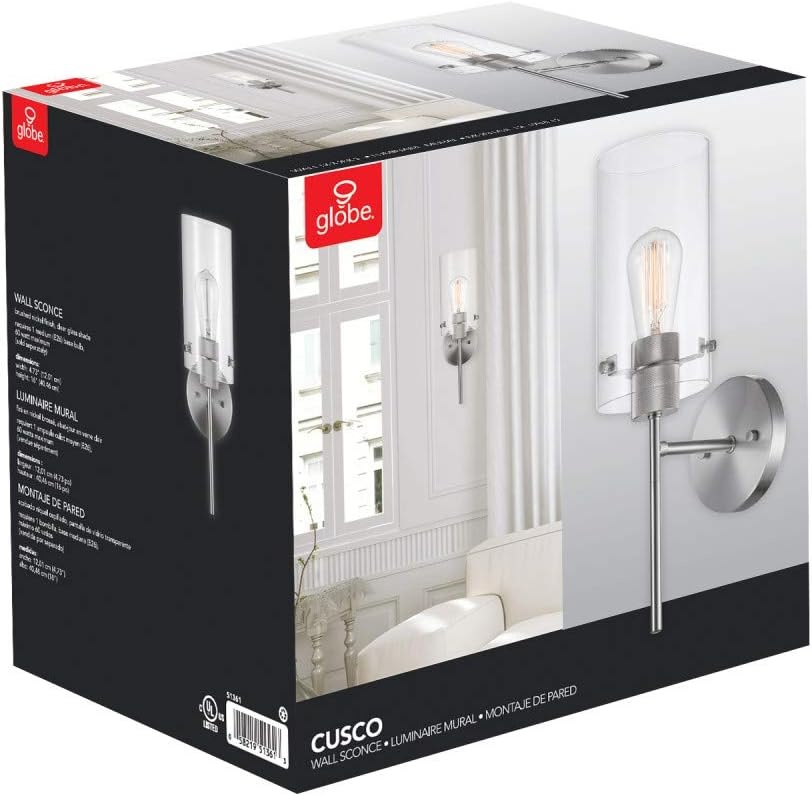 image:imageGlobe Electric 51860 Pisaq 1Light Wall Sconce Matte Black Clear Glass Shade Bulb Not IncludedBrushed Nickel
