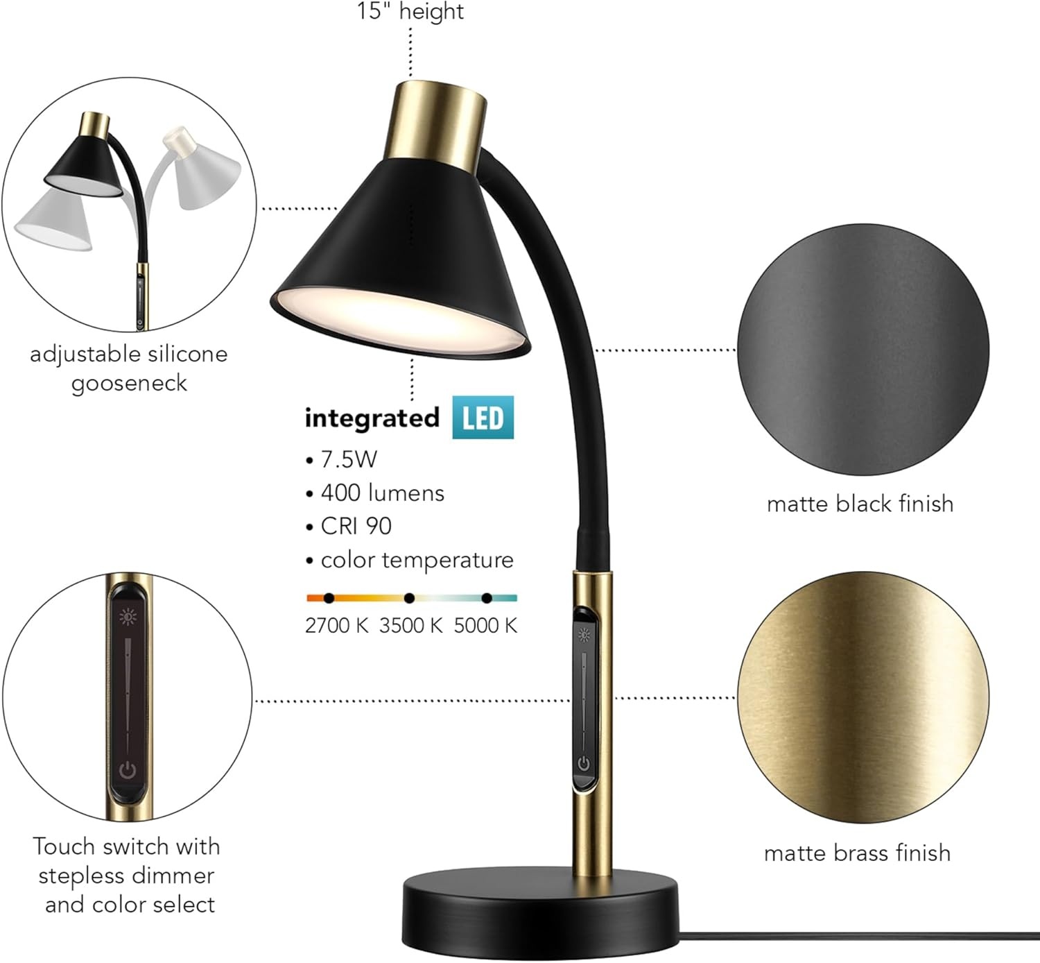image:imageGlobe Electric 52095 Belmont 17 Desk Lamp Matte Black Antique Brass Accents Fast Charging USB Port Rocker OnOff SwitchMatte Black Albert