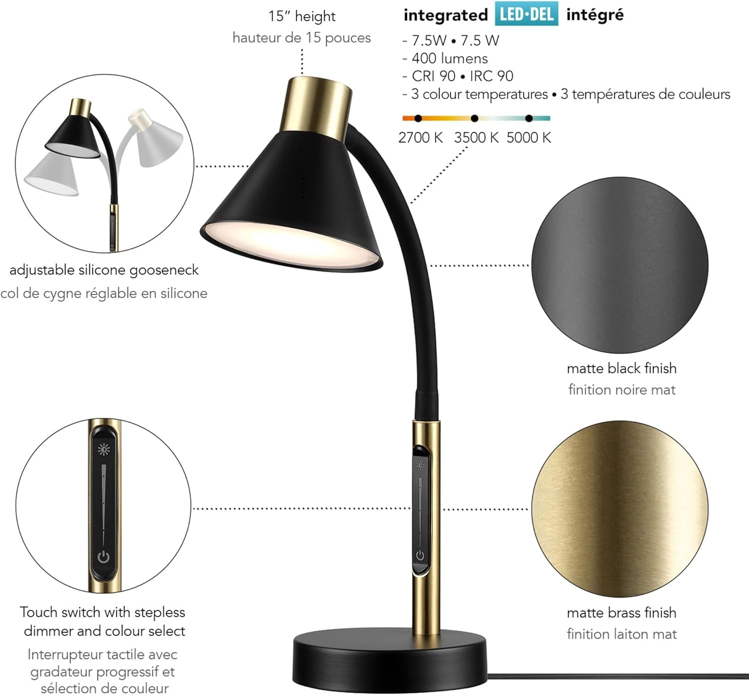 image:imageGlobe Electric 52095 Belmont 17 Desk Lamp Matte Black Antique Brass Accents Fast Charging USB Port Rocker OnOff SwitchMatte Black Albert