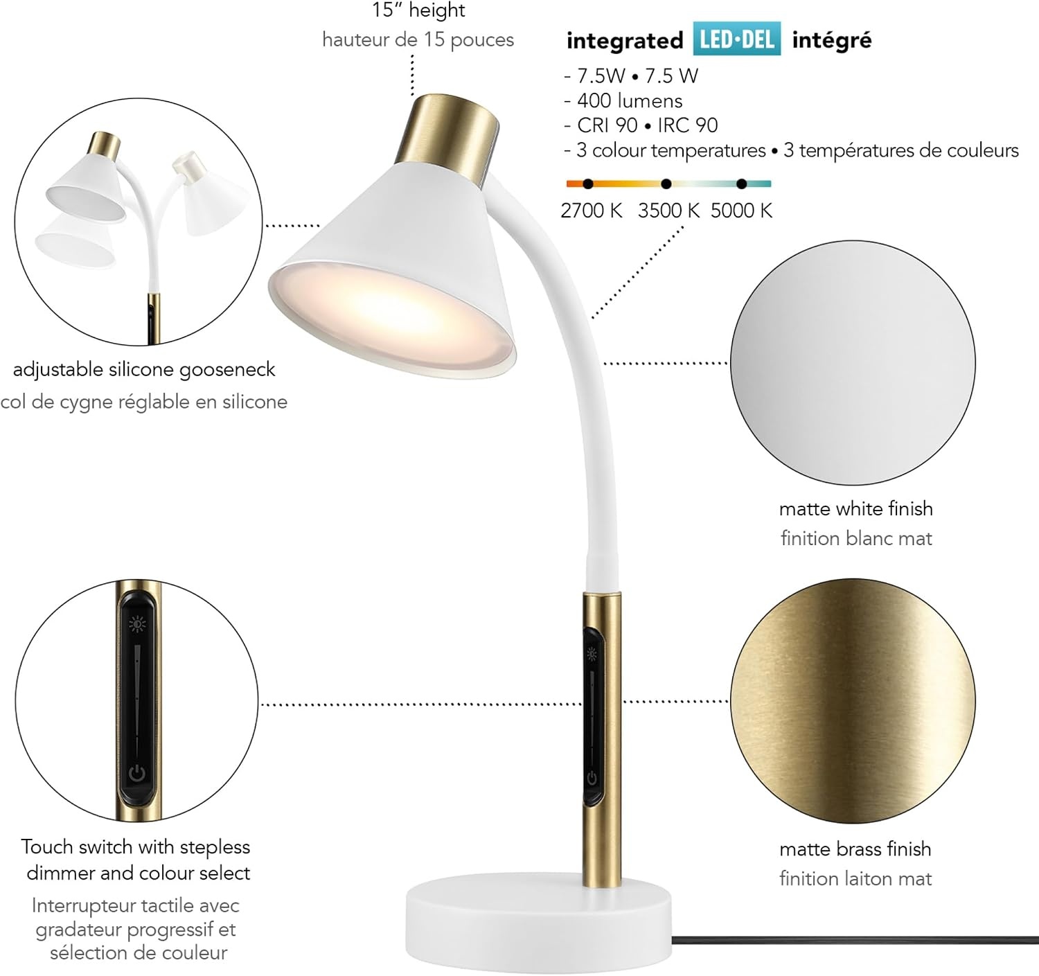 image:imageGlobe Electric 52095 Belmont 17 Desk Lamp Matte Black Antique Brass Accents Fast Charging USB Port Rocker OnOff SwitchMatte White Albert