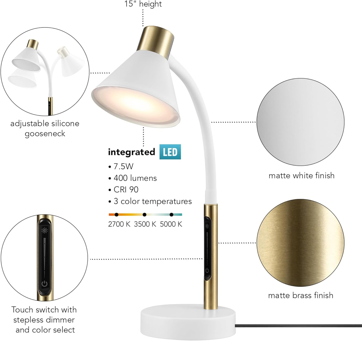 image:imageGlobe Electric 52095 Belmont 17 Desk Lamp Matte Black Antique Brass Accents Fast Charging USB Port Rocker OnOff SwitchMatte White Albert
