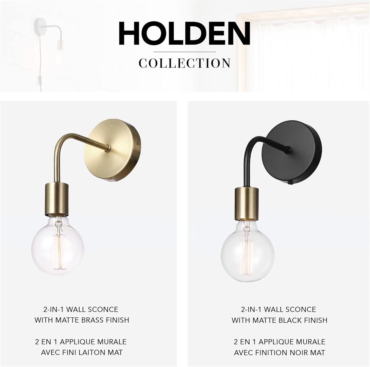 image:imageGlobe Electric 52111 Holden 1Light Long Arm Plugin or Hardwire Wall Sconce Matte Brass Bulb Not Included