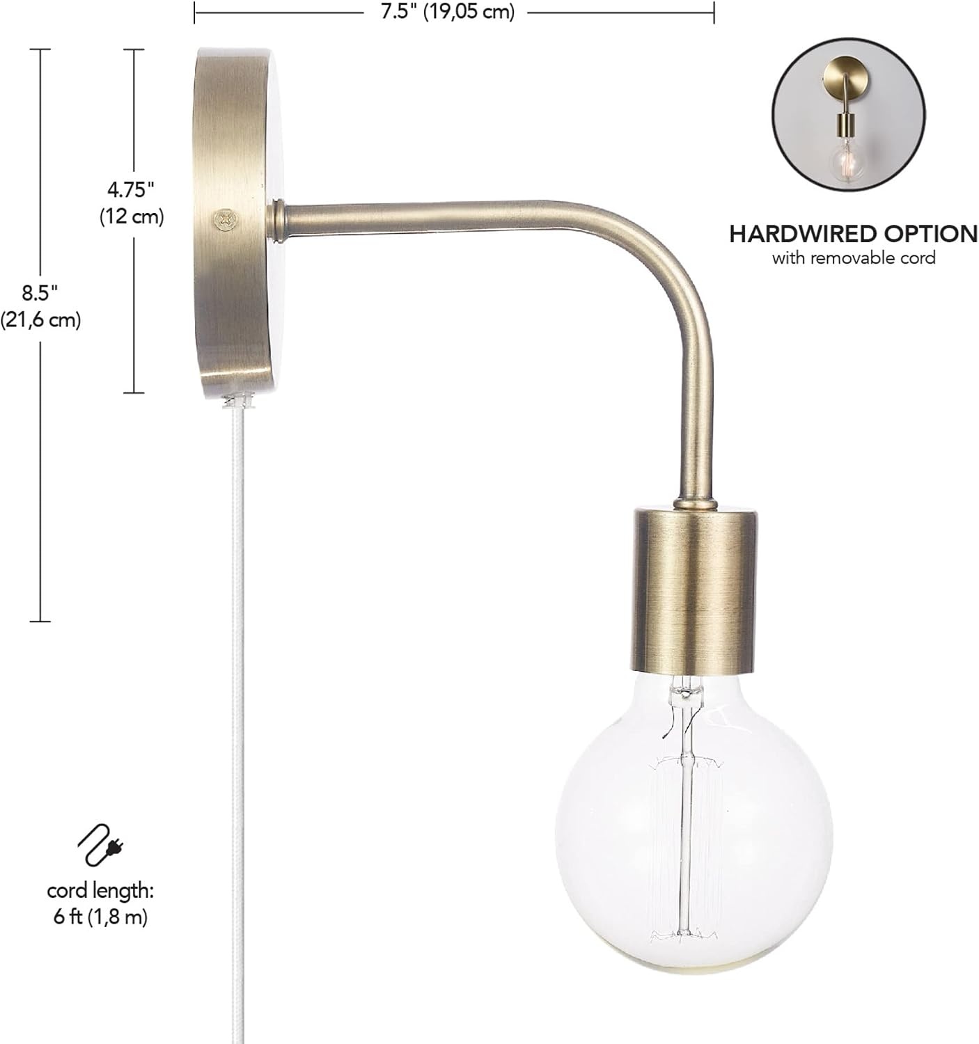 image:imageGlobe Electric 52111 Holden 1Light Long Arm Plugin or Hardwire Wall Sconce Matte Brass Bulb Not Included