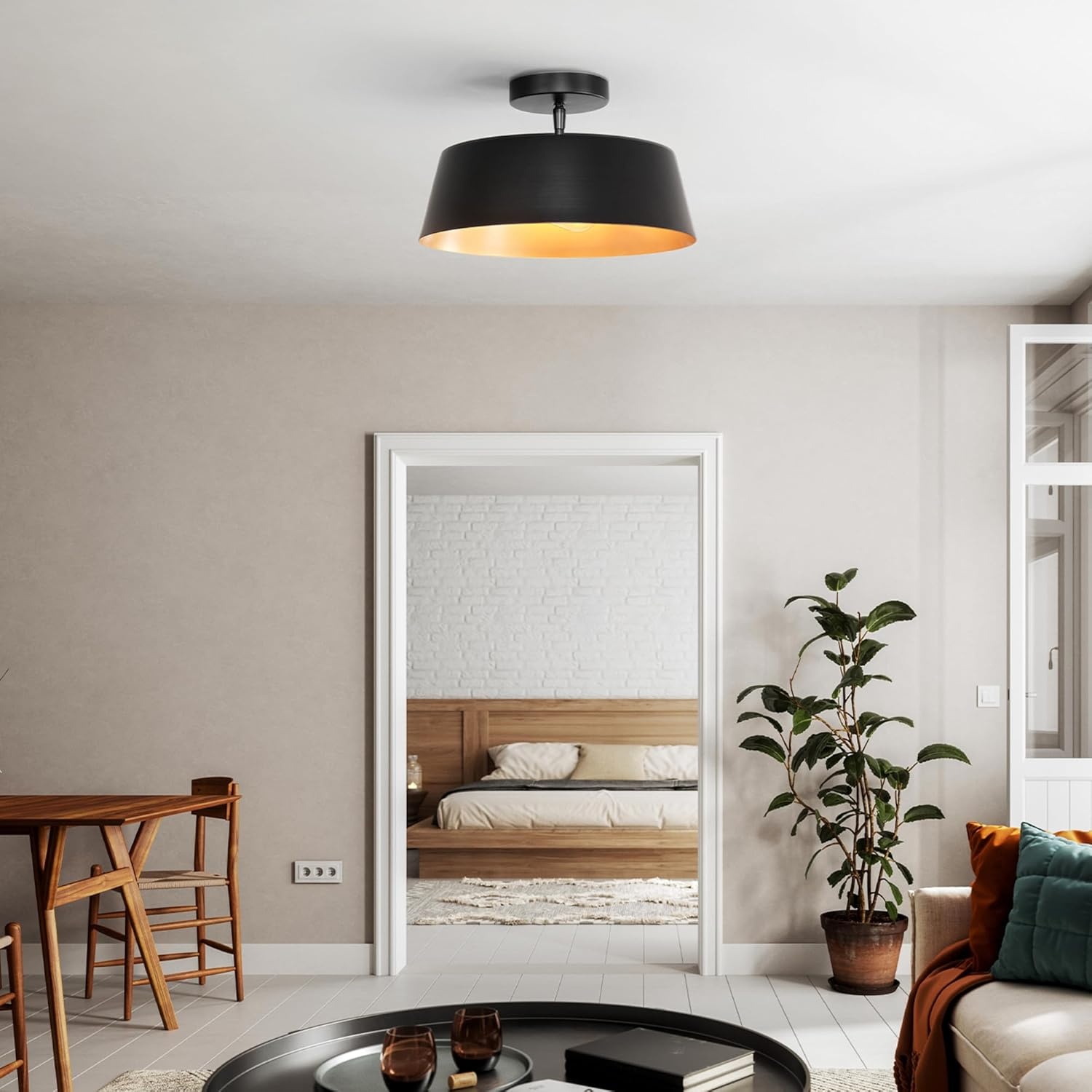 image:imageGlobe Electric 60309 2Light Flush Mount Ceiling Light Matte Black Antique Brass Accents Frosted Glass Shade Bedroom Lighting Fixtures Ceiling Dining Room Fixture Lighting for HallwayMatte Black