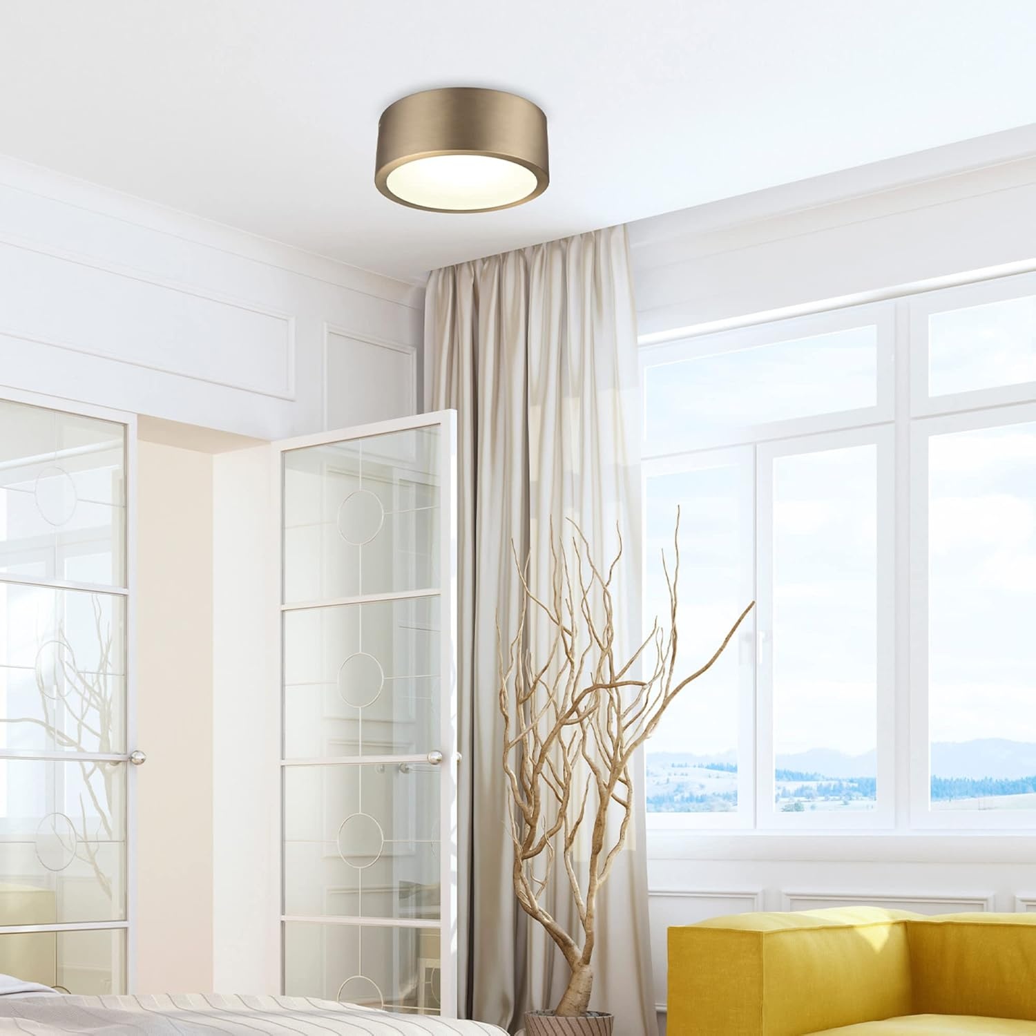 image:imageGlobe Electric 60309 2Light Flush Mount Ceiling Light Matte Black Antique Brass Accents Frosted Glass Shade Bedroom Lighting Fixtures Ceiling Dining Room Fixture Lighting for HallwayEdinburg Brass
