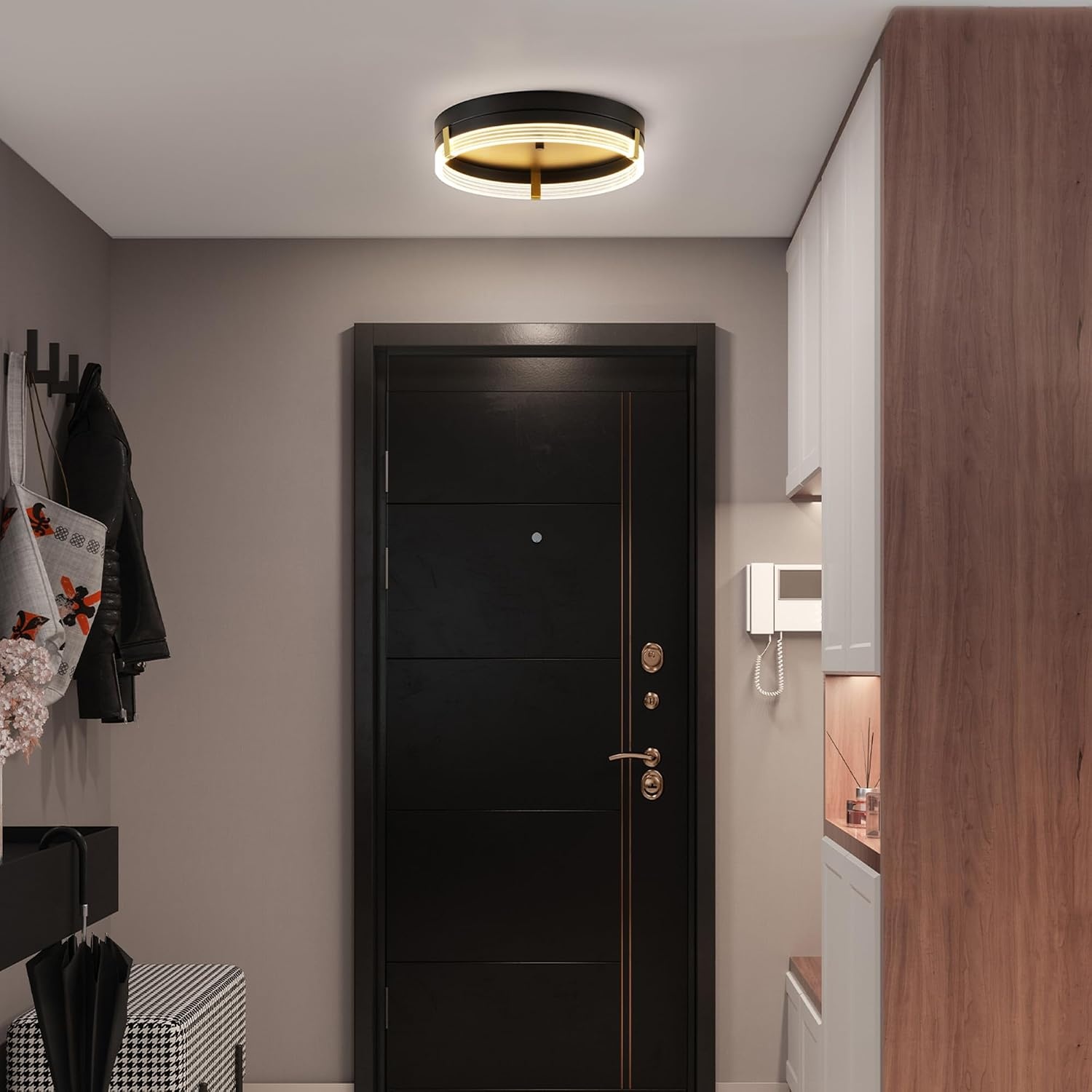image:imageGlobe Electric 60309 2Light Flush Mount Ceiling Light Matte Black Antique Brass Accents Frosted Glass Shade Bedroom Lighting Fixtures Ceiling Dining Room Fixture Lighting for HallwayBrass Accents
