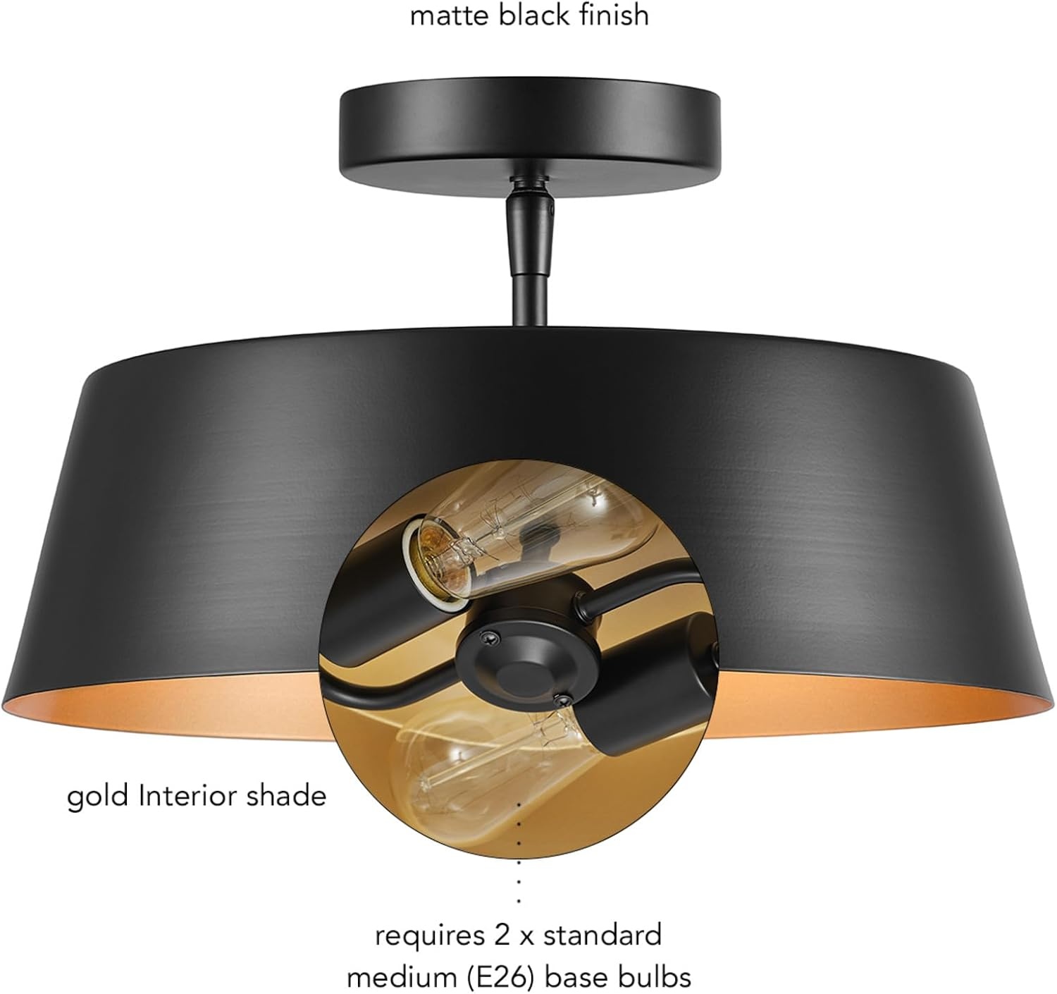 image:imageGlobe Electric 60309 2Light Flush Mount Ceiling Light Matte Black Antique Brass Accents Frosted Glass Shade Bedroom Lighting Fixtures Ceiling Dining Room Fixture Lighting for HallwayMatte Black