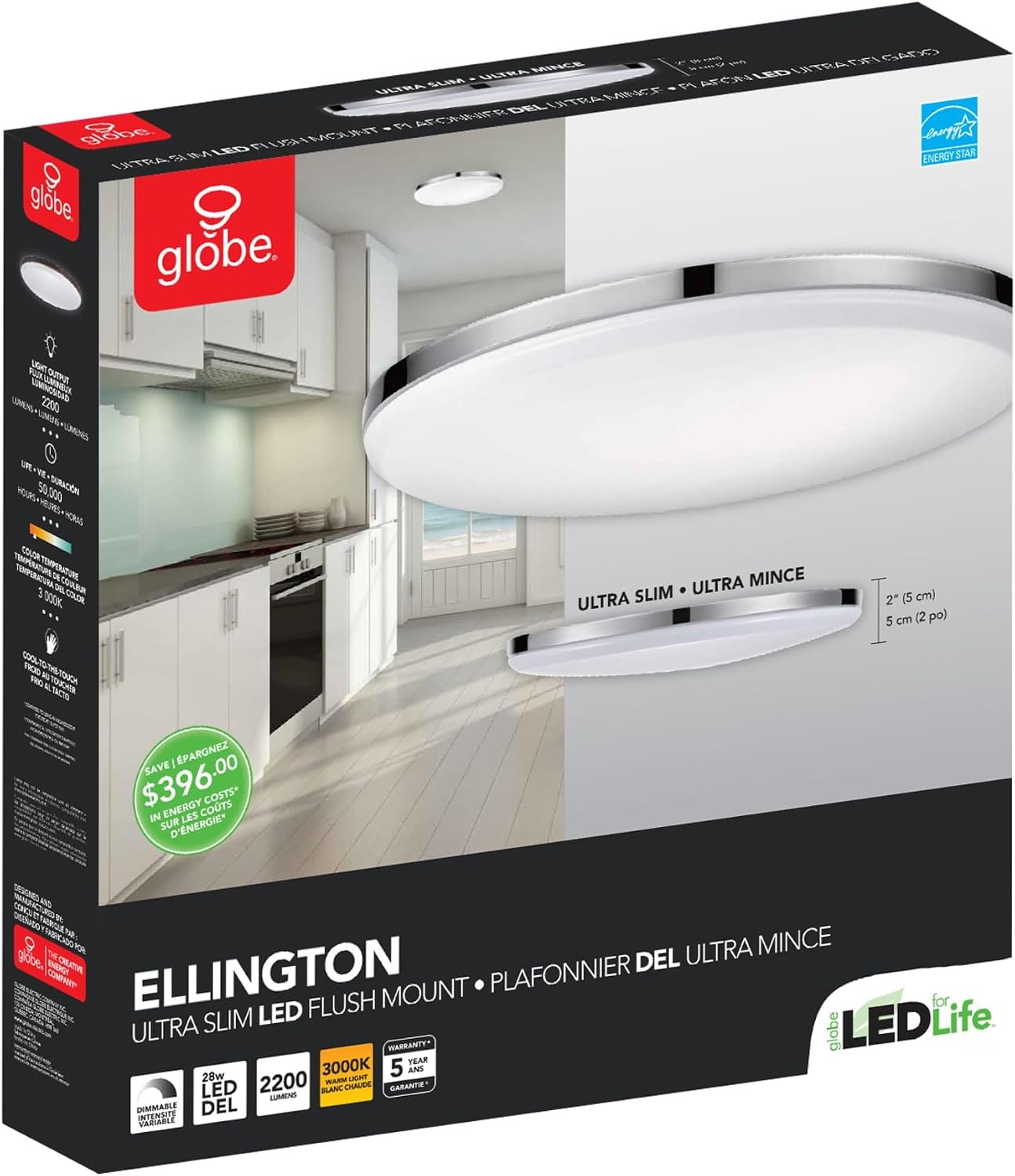 image:imageGlobe Electric 60309 2Light Flush Mount Ceiling Light Matte Black Antique Brass Accents Frosted Glass Shade Bedroom Lighting Fixtures Ceiling Dining Room Fixture Lighting for HallwayEllington Chrome