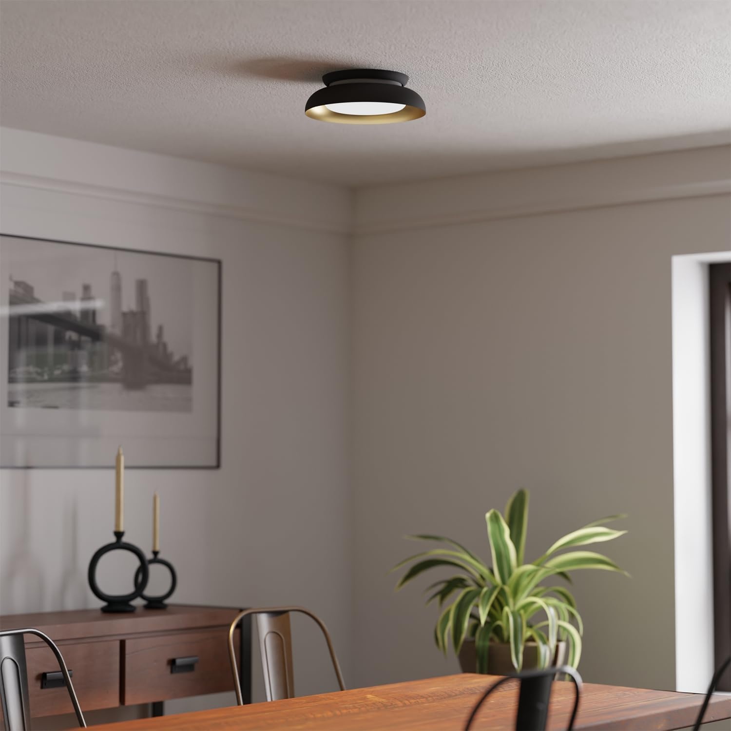 image:imageGlobe Electric 60309 2Light Flush Mount Ceiling Light Matte Black Antique Brass Accents Frosted Glass Shade Bedroom Lighting Fixtures Ceiling Dining Room Fixture Lighting for HallwayMatte Black and Gold